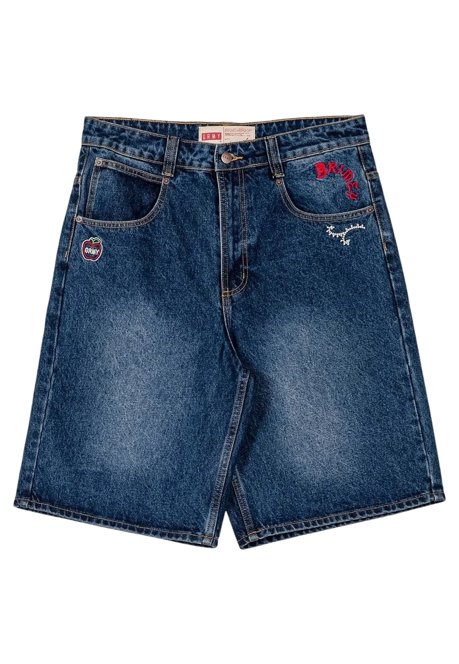 BERMUDA GRIMEY STW DROPPIN SCIENCE BAGGY DENIM SHORTS DEEP INDIGO BLUE