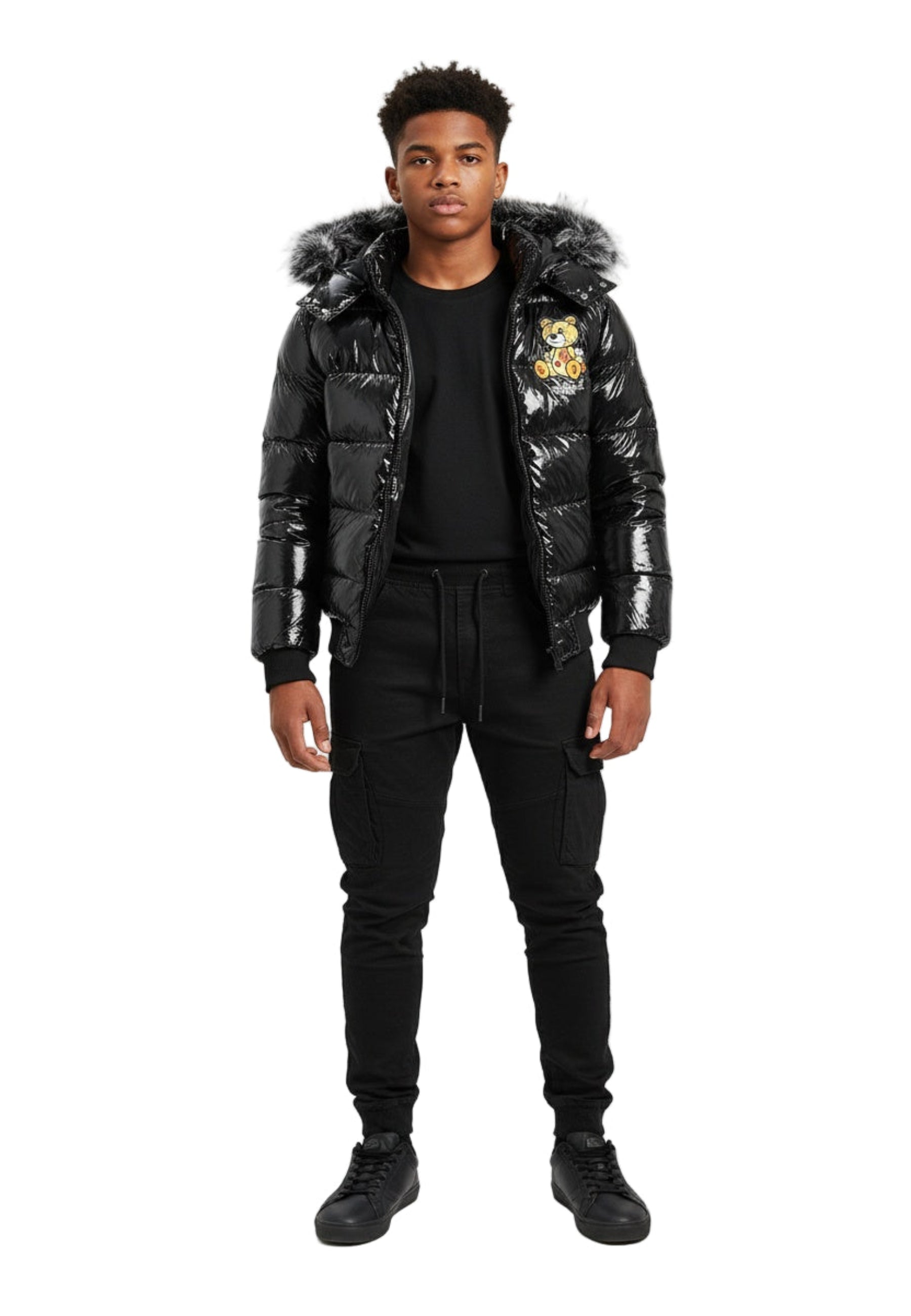 CAZADORA NEGRA/AMARILLA GRAFITTED BEAR SATIN PUFFY JACKT