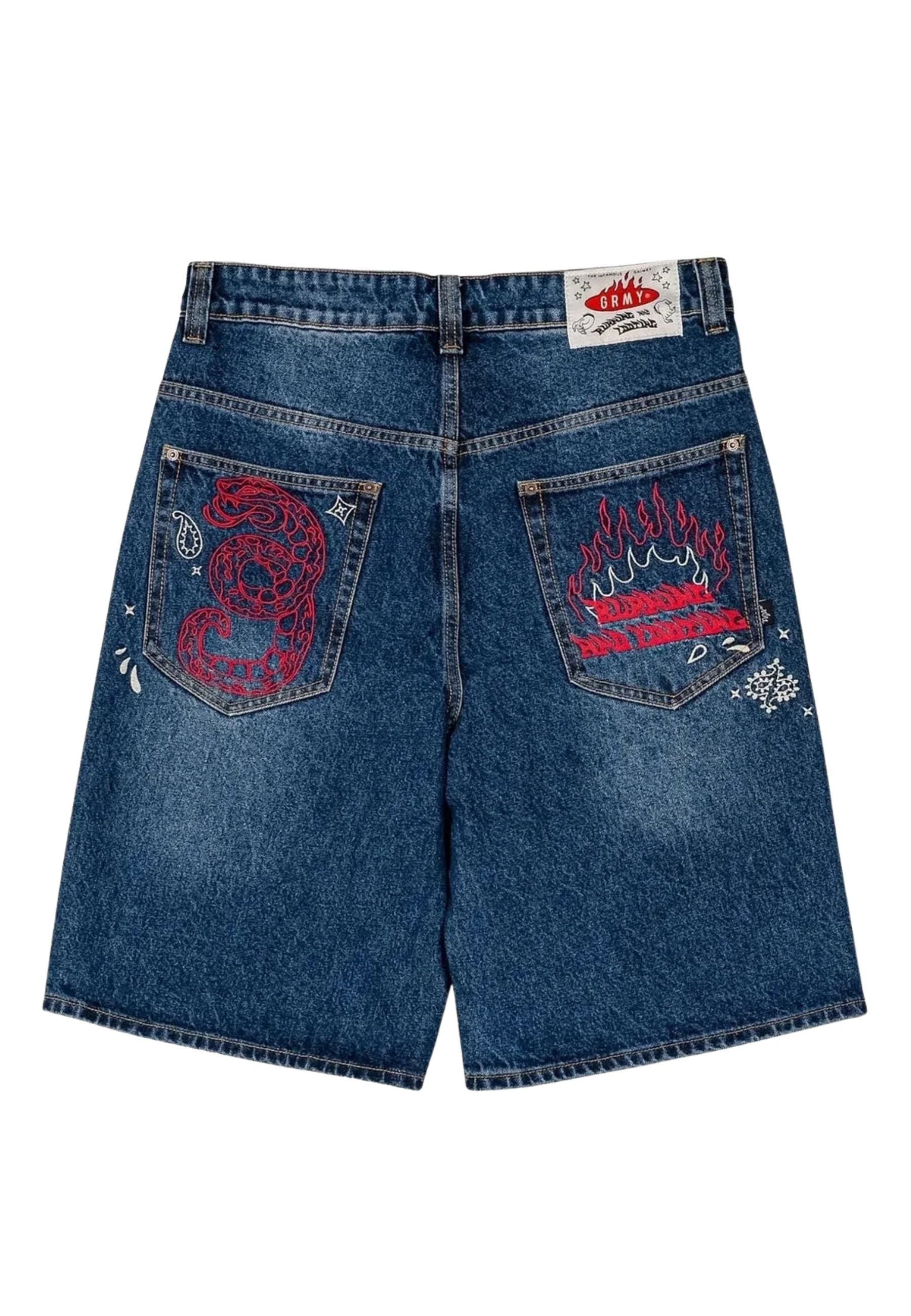 BERMUDA GRIMEY STW DROPPIN SCIENCE BAGGY DENIM SHORTS DEEP INDIGO BLUE