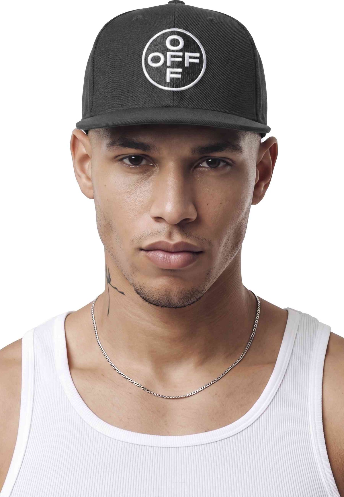 L/AB c/o Off-White BLACK EMBROIDERED FLAT BRIM TWILL CAP