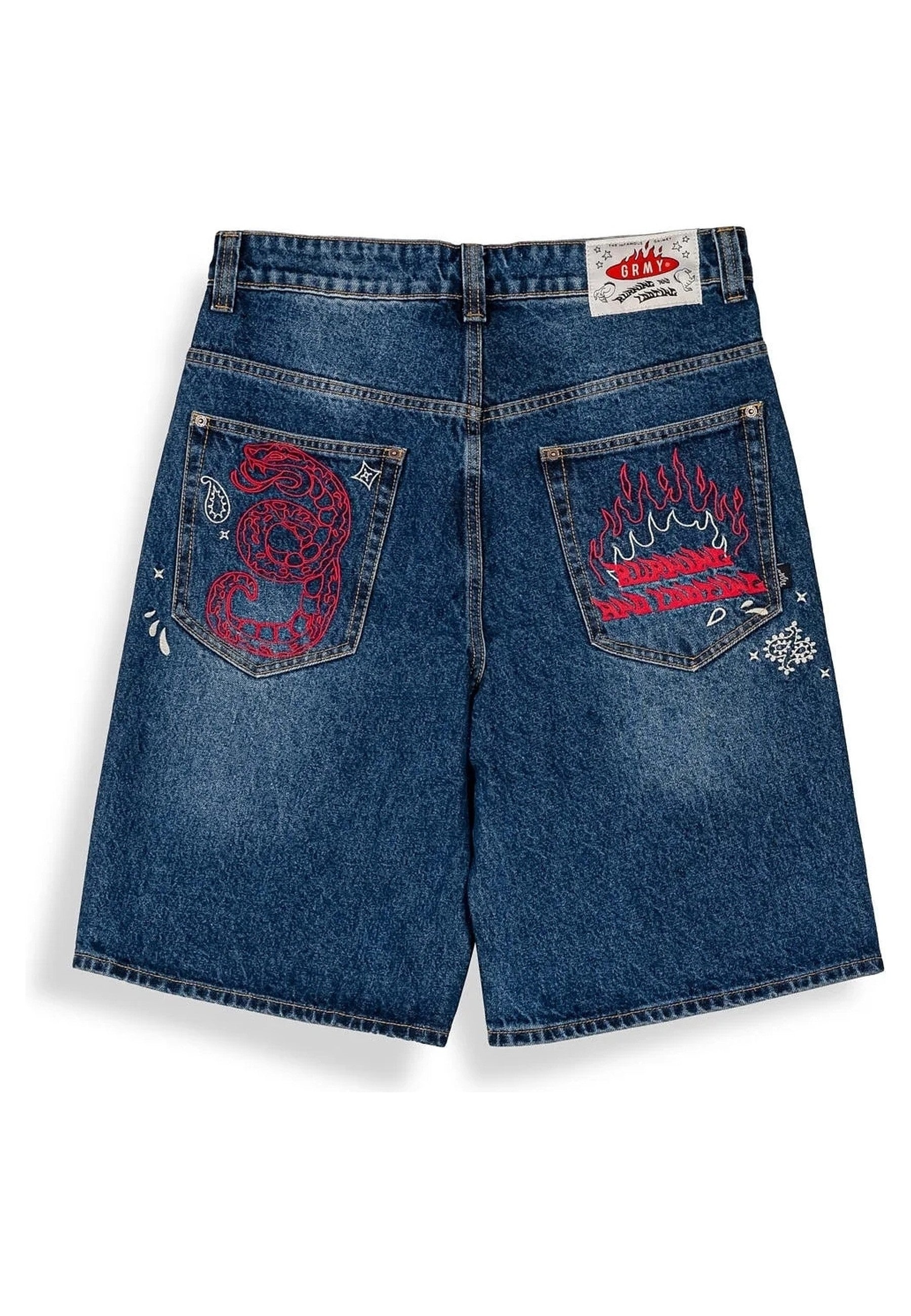 BERMUDA GRIMEY STW DROPPIN SCIENCE BAGGY DENIM SHORTS DEEP INDIGO BLUE
