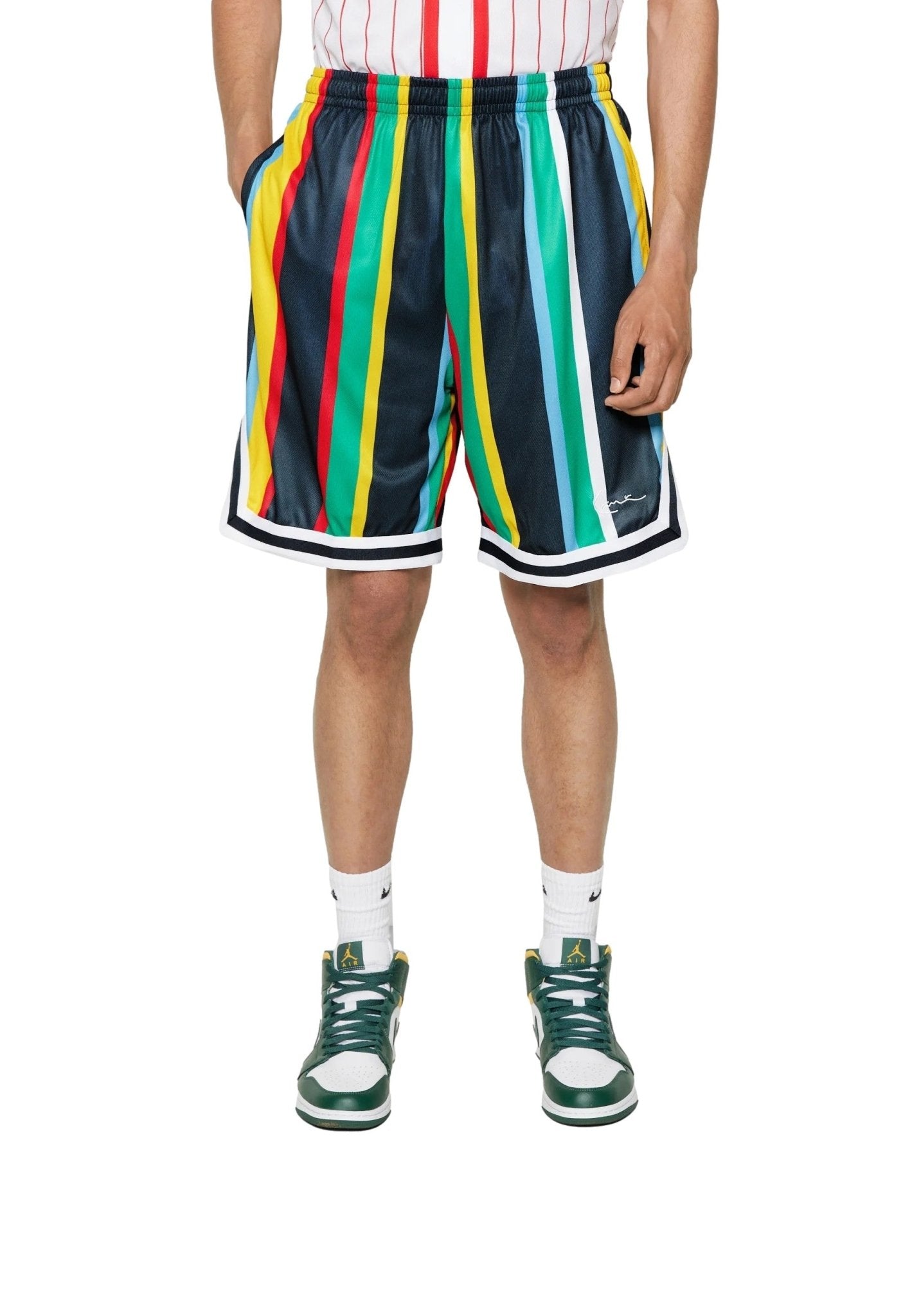 BERMUDA KARL KANI MULTICOLOR SMALL SIGNATURE STRIPE BASEBALL SHORT - AREA ZERO