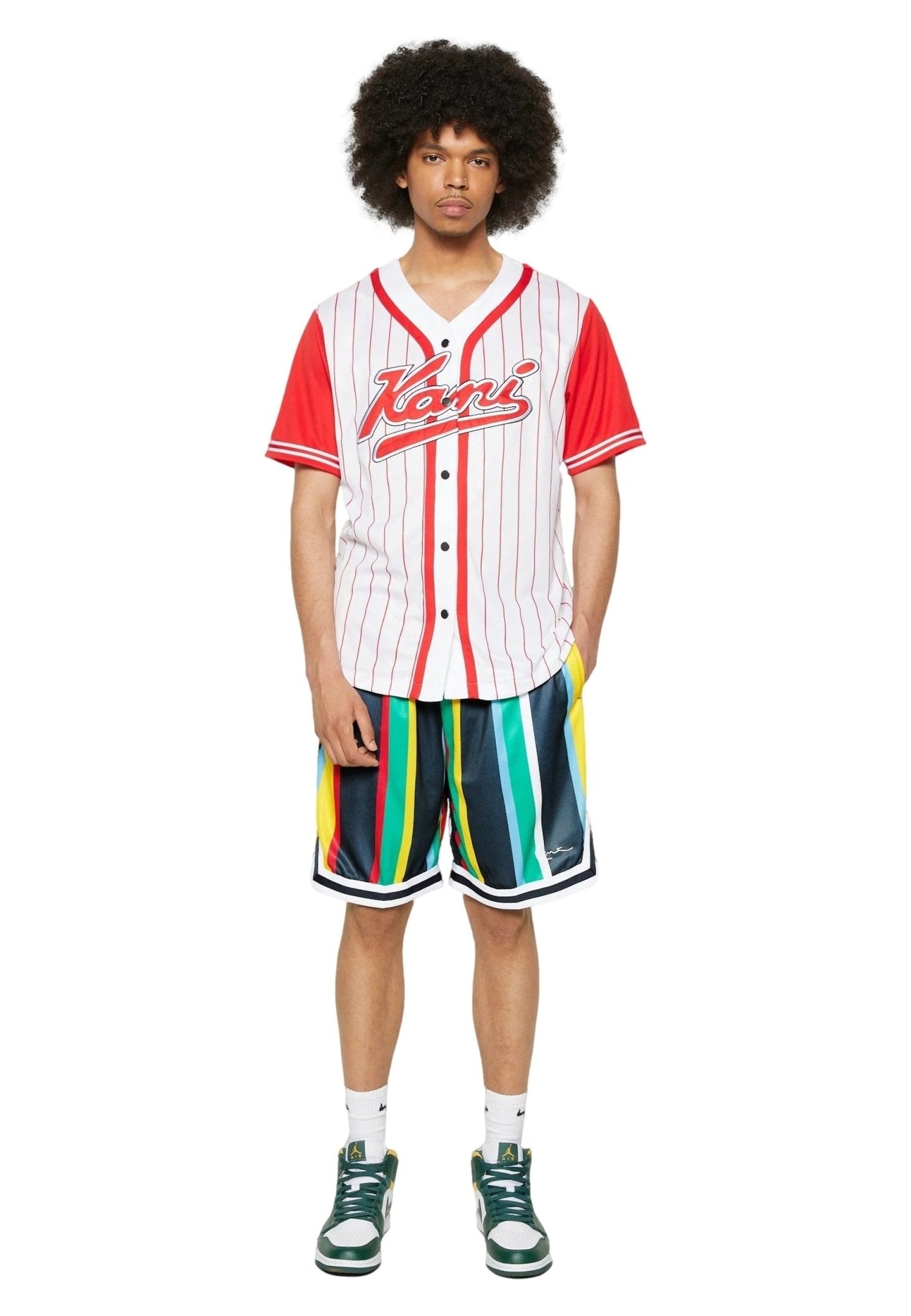 BERMUDA KARL KANI MULTICOLOR SMALL SIGNATURE STRIPE BASEBALL SHORT - AREA ZERO