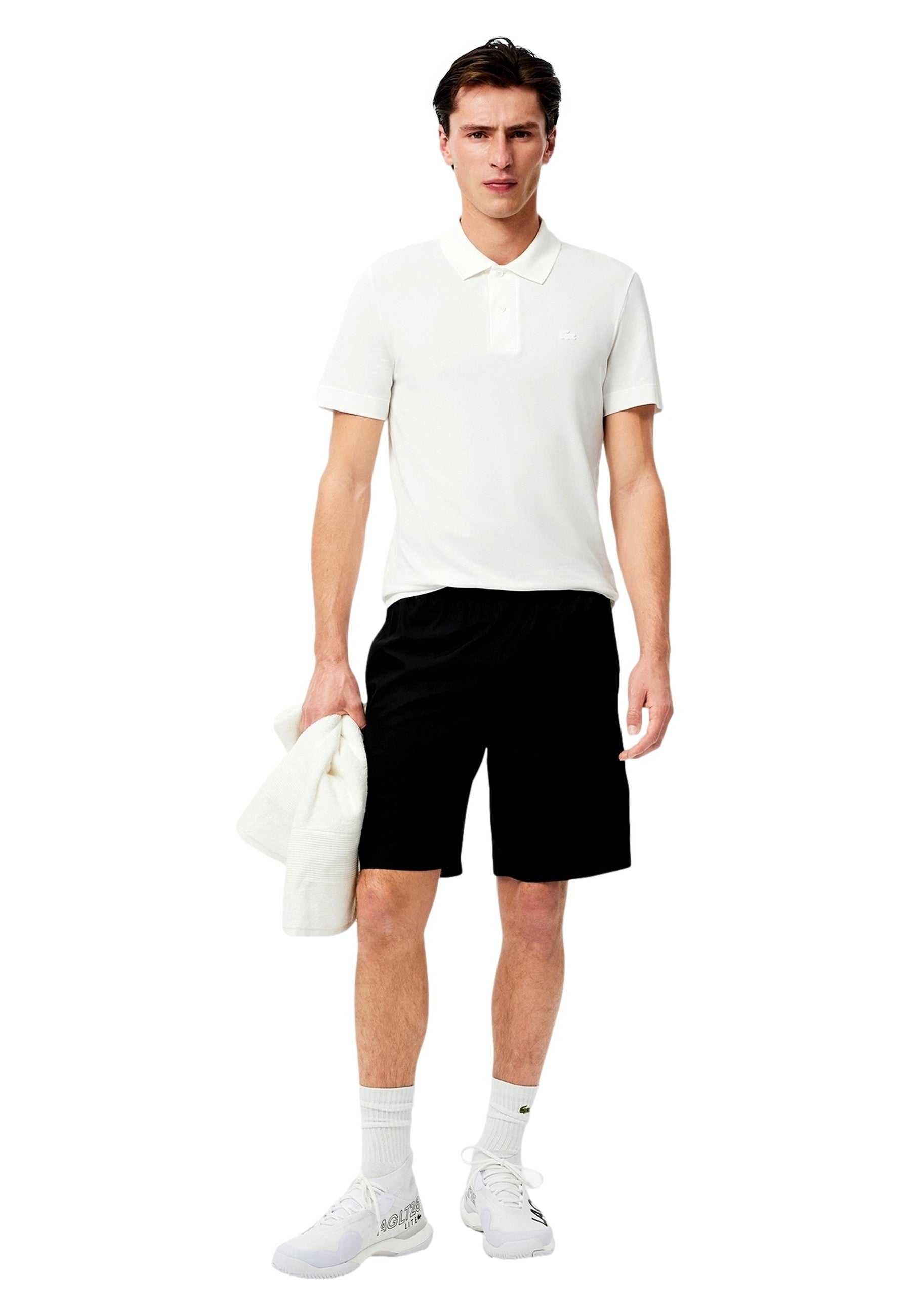 BERMUDA LACOSTE NEGRA TENNIS PERFORMANCE STRIPPED SHORT