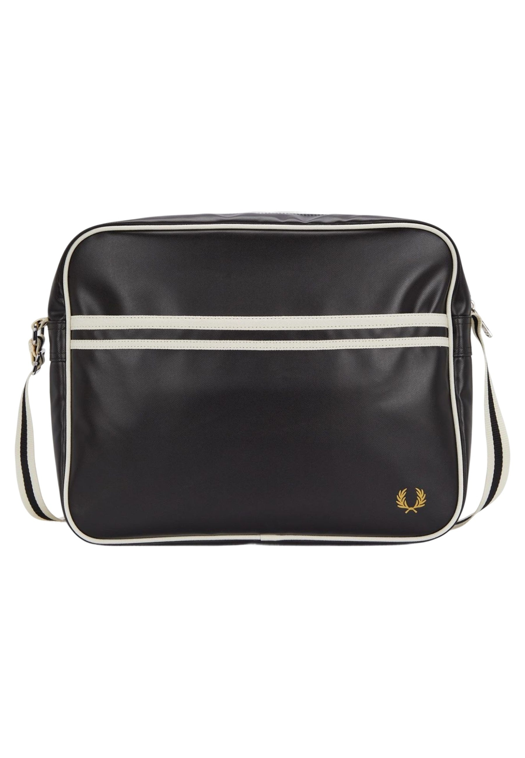 BOLSO FRED PERRY NEGRO FRANJAS ASA LARGA LOGO BORDADO