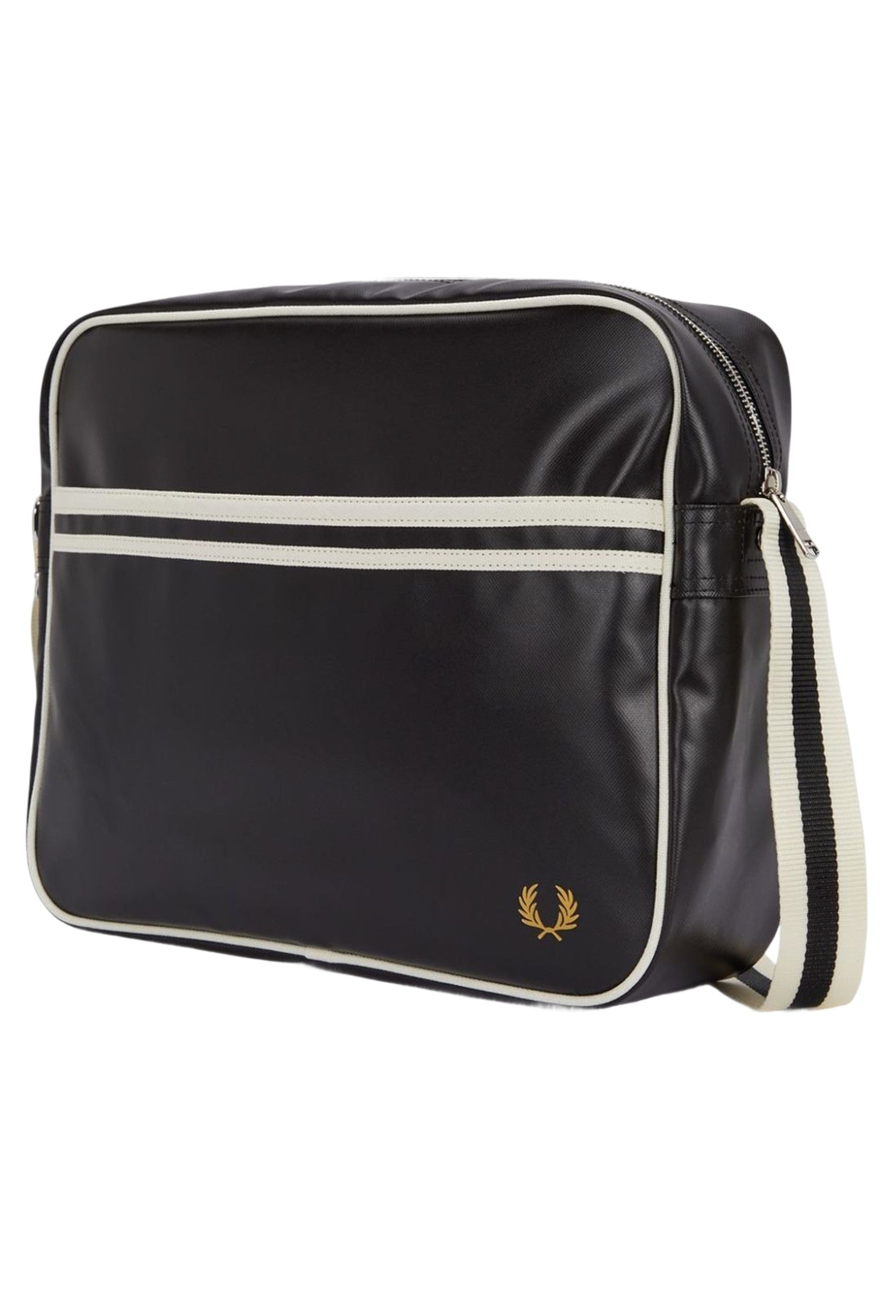 BOLSO FRED PERRY NEGRO FRANJAS ASA LARGA LOGO BORDADO