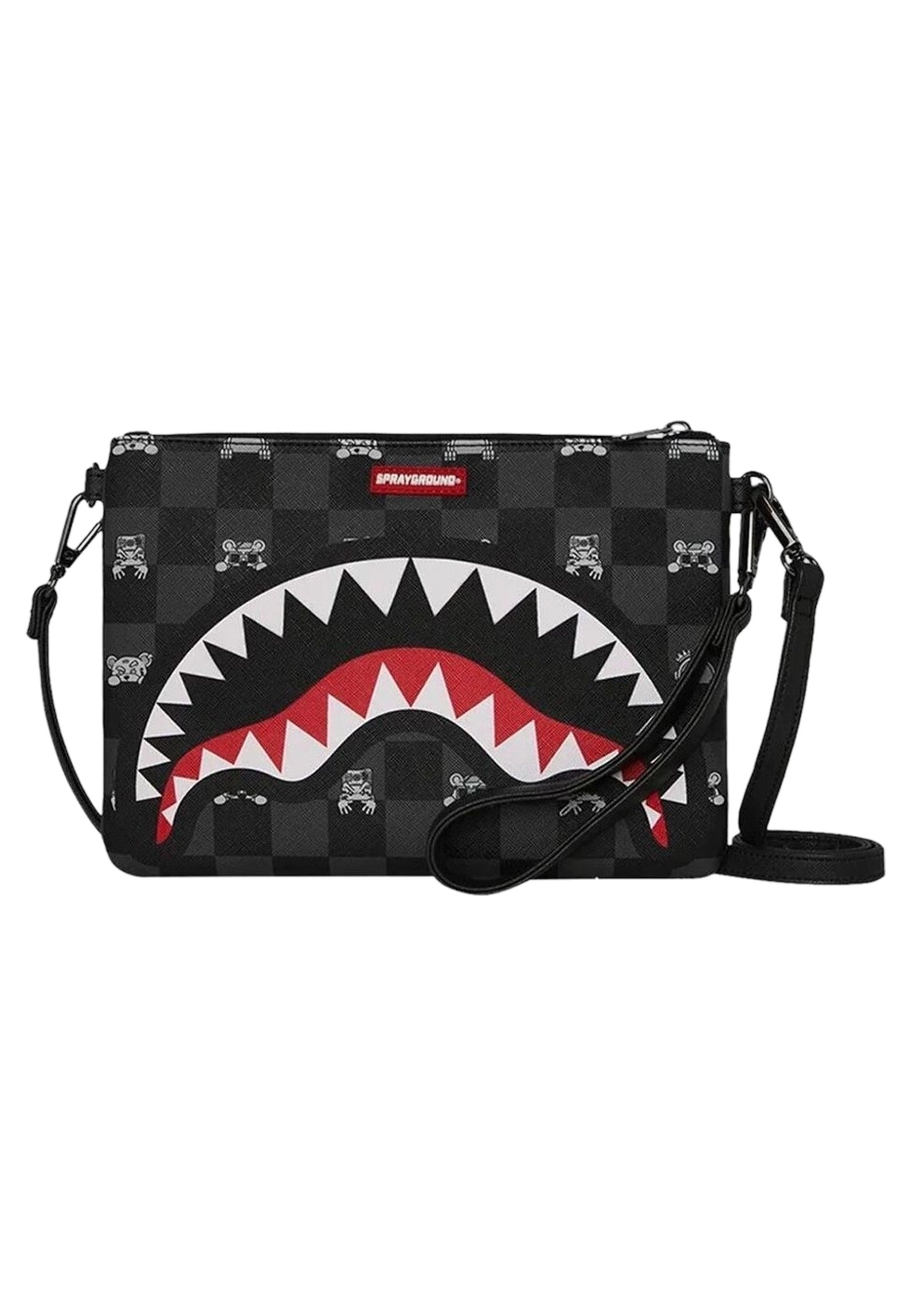 BOLSO SPRAYGROUND NEGRO GRAY PEEKING CHARACTER CHECK CROSSOVER CLUTCH