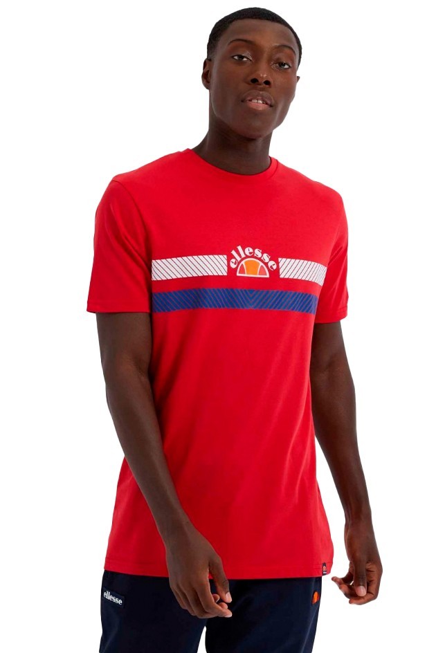 CAMISETA ELLESSE ROJA FRANJAS PECHO LOGO ESTAMPADO MANGA CORTA