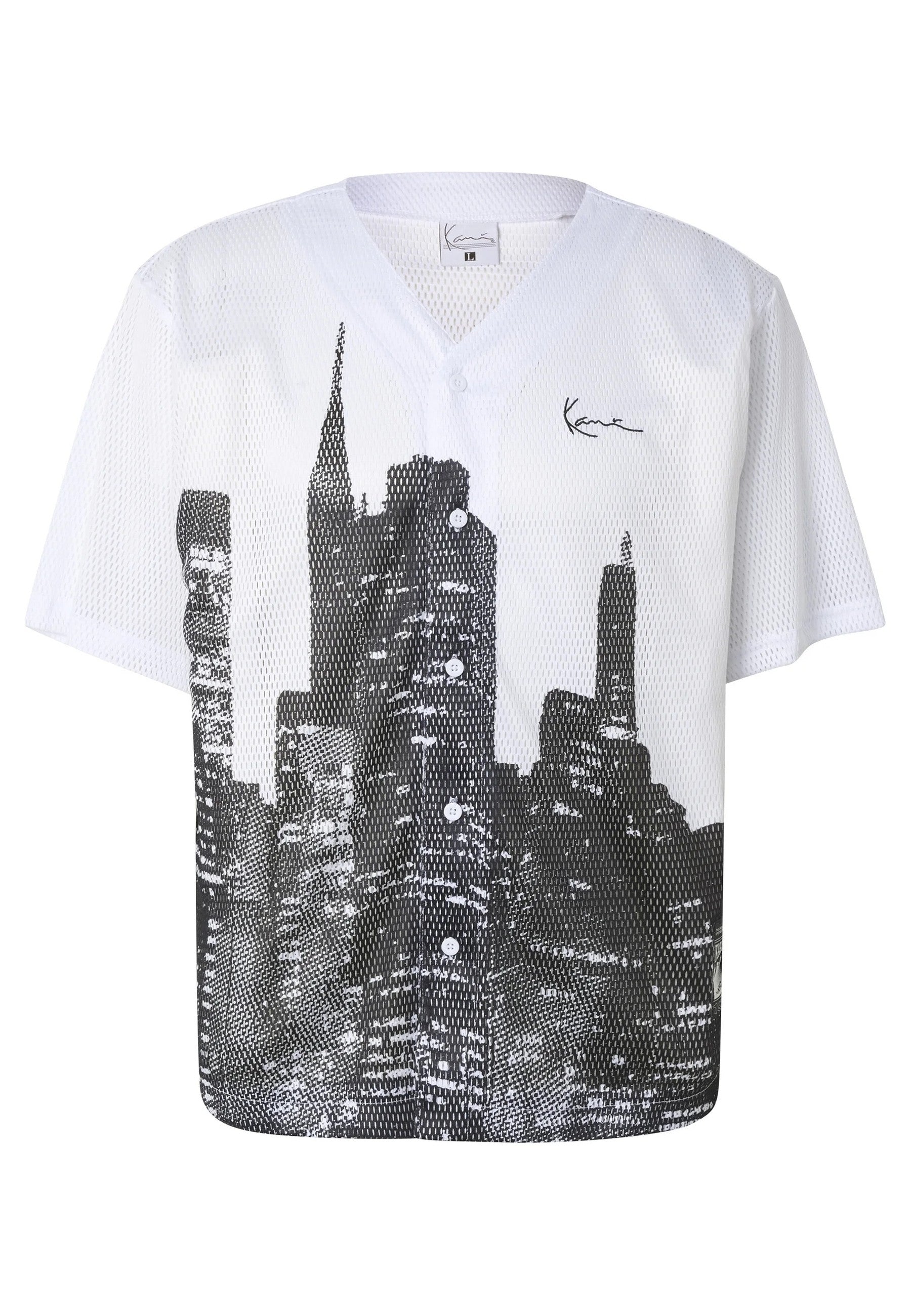 CAMISA KARL KANI BLANCA SIGNATURE MESH BASEBALL SHIRT