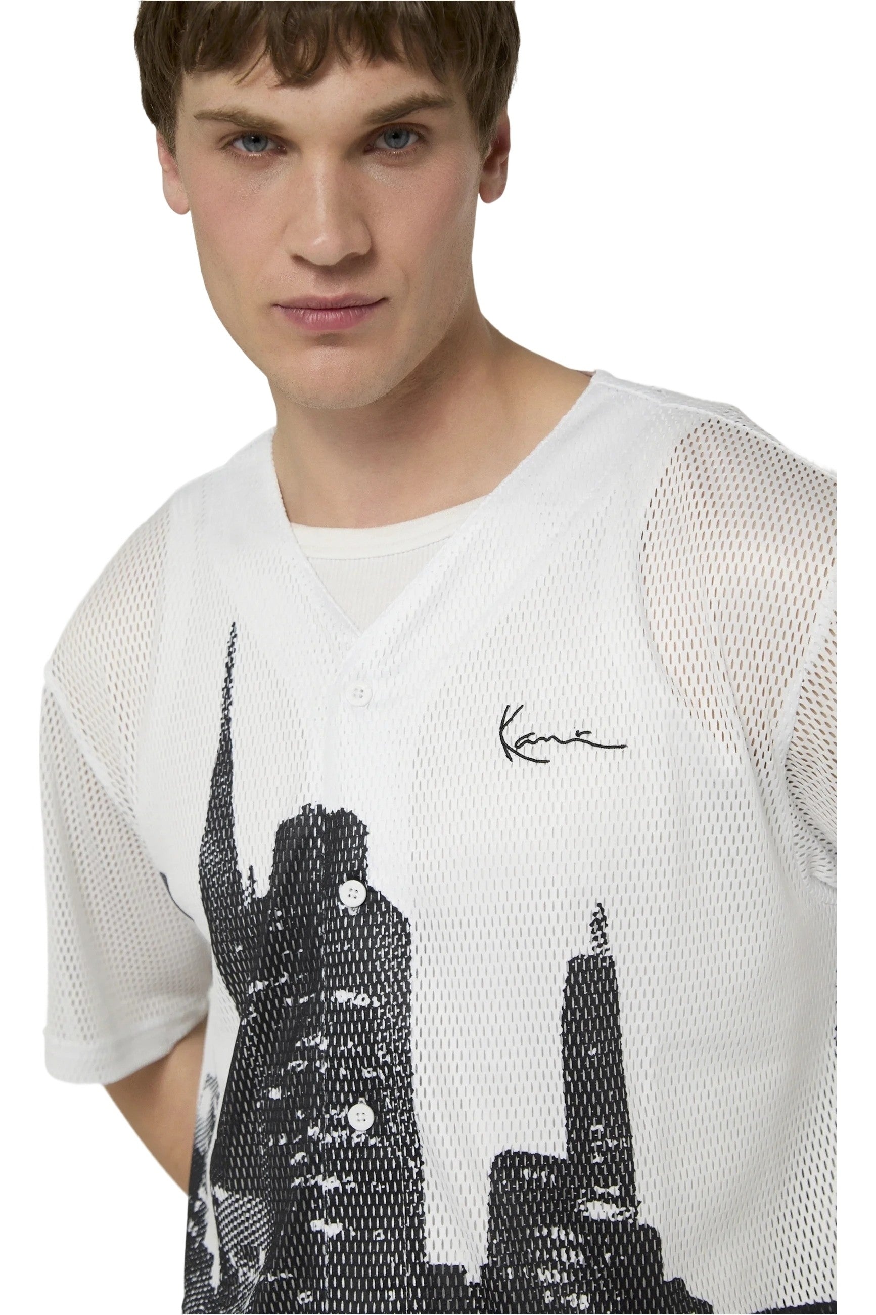 CAMISA KARL KANI BLANCA SIGNATURE MESH BASEBALL SHIRT