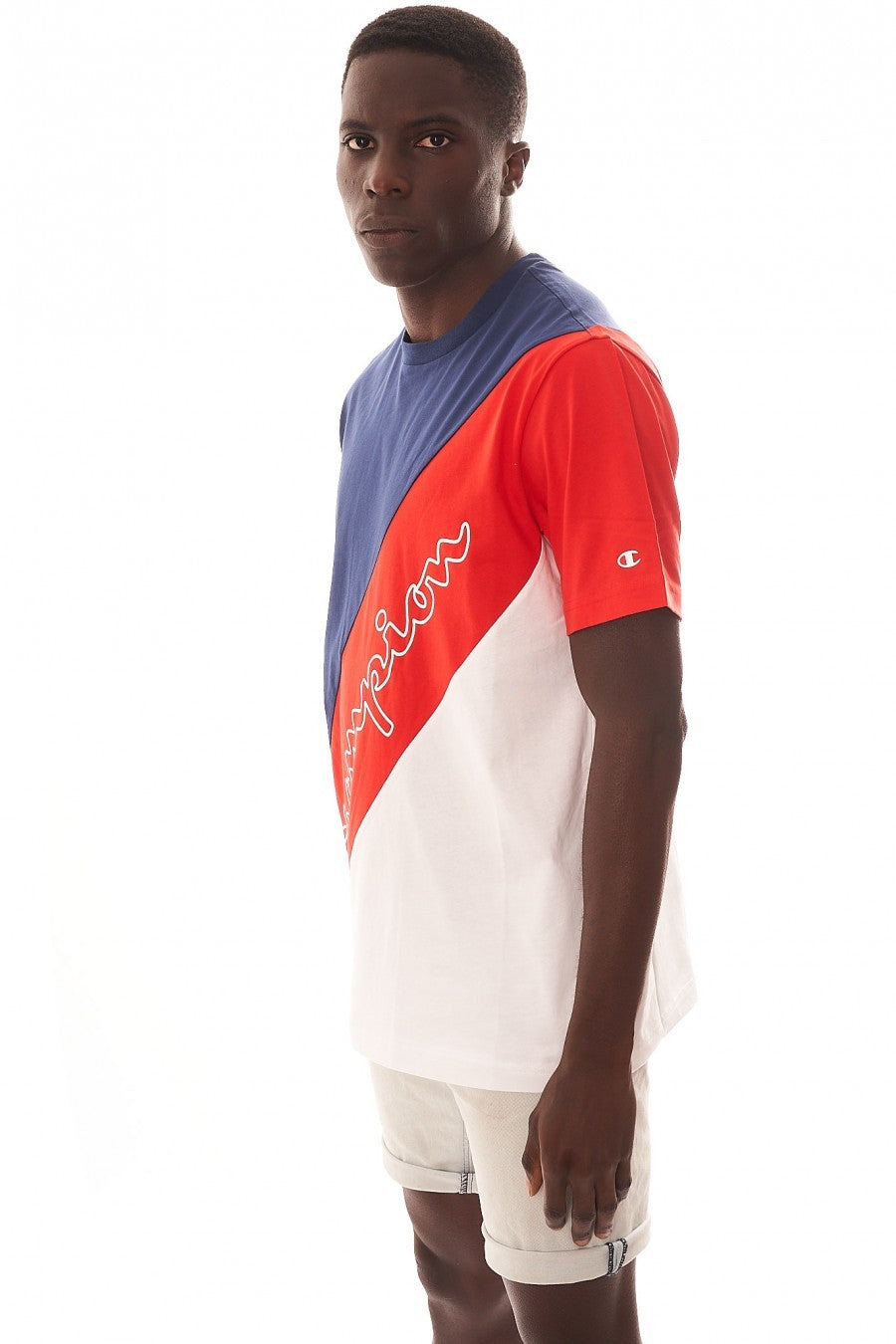 CAMISETA CHAMPION MARINO/ROJA FRANJA DIAGONAL PECHO MANGA CORTA
