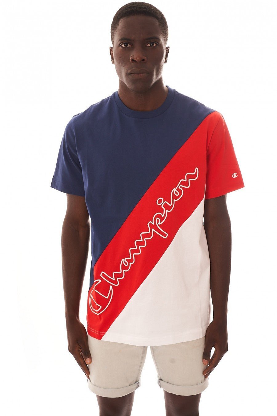 CAMISETA CHAMPION MARINO/ROJA FRANJA DIAGONAL PECHO MANGA CORTA - AREA ZERO