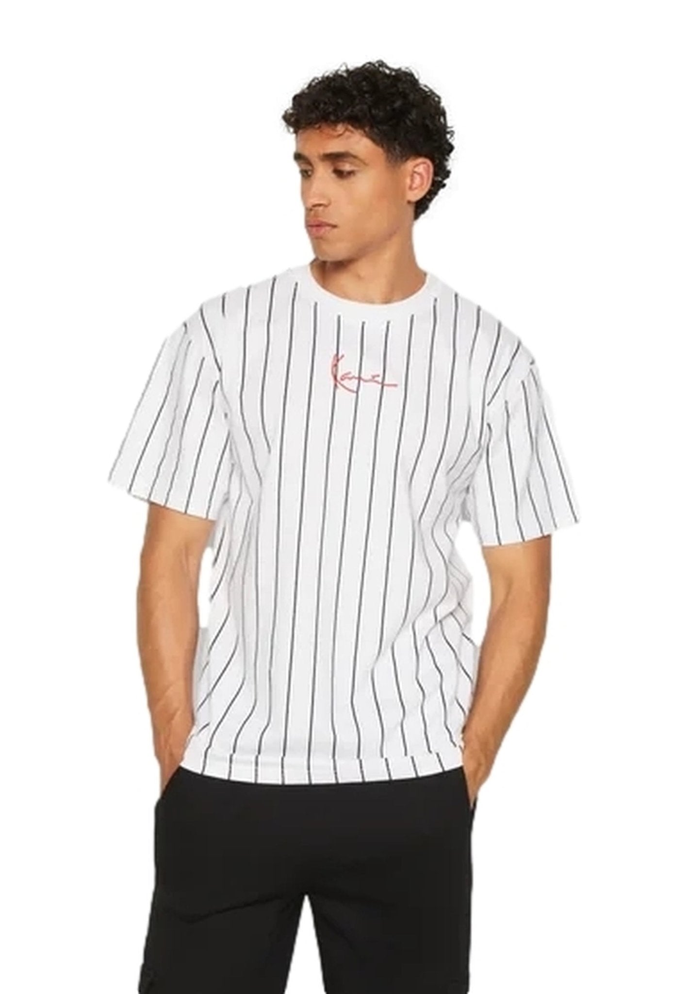 CAMISETA KARL KANI BLANCA SMALL LOGO PINSTRIPE TEE - AREA ZERO