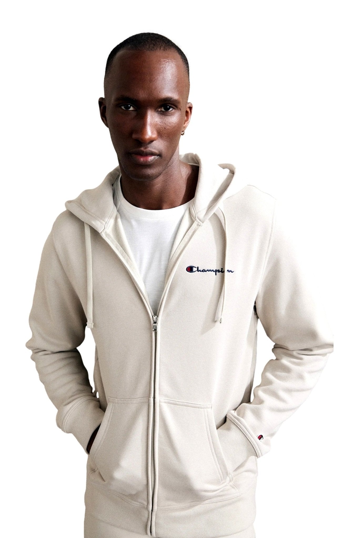 CHAQUETA CHAMPION BEIGE SMALL LOGO HOODED FULL ZIP SWEATSHIRT - AREA ZERO