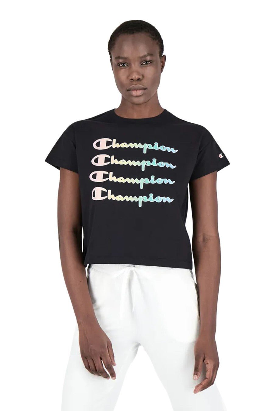 CROP TOP CHAMPION NEGRO TRIPLE LOGO TEE - AREA ZERO