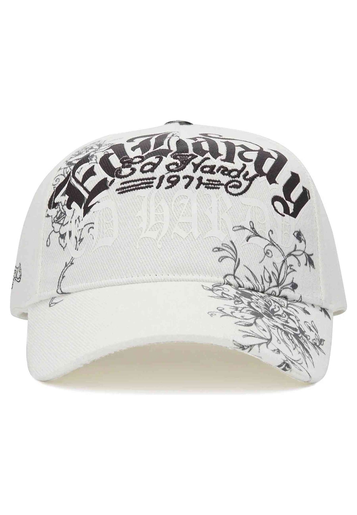 GORRA ED HARDY BLANCA DISTRESSED FLORAL GOTIC 6 PANEL TRUCKER CAP