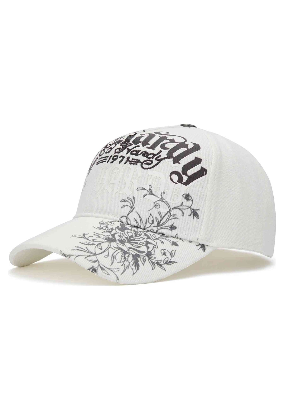 GORRA ED HARDY BLANCA DISTRESSED FLORAL GOTIC 6 PANEL TRUCKER CAP