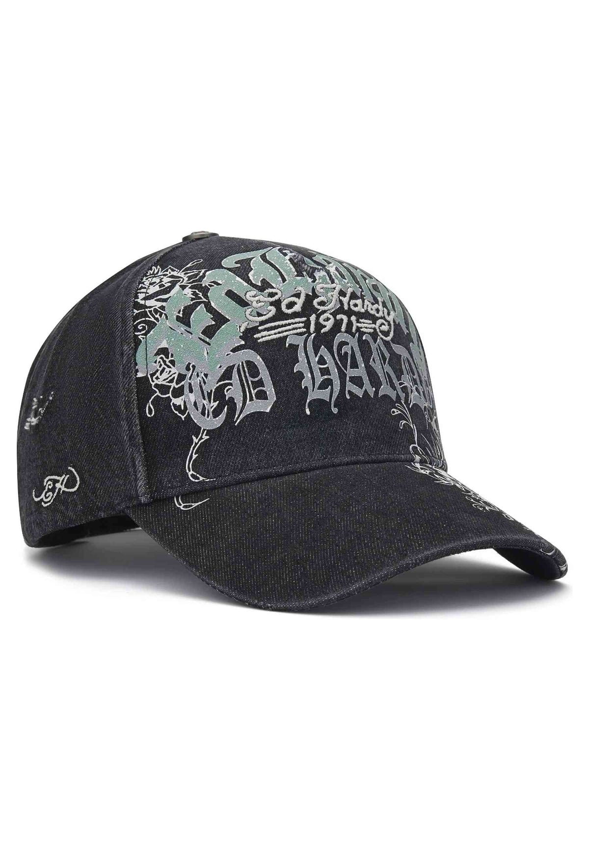 GORRA ED HARDY NEGRA DISTRESSED FLORAL GOTHIC 6 PANEL TRUCKER CAP