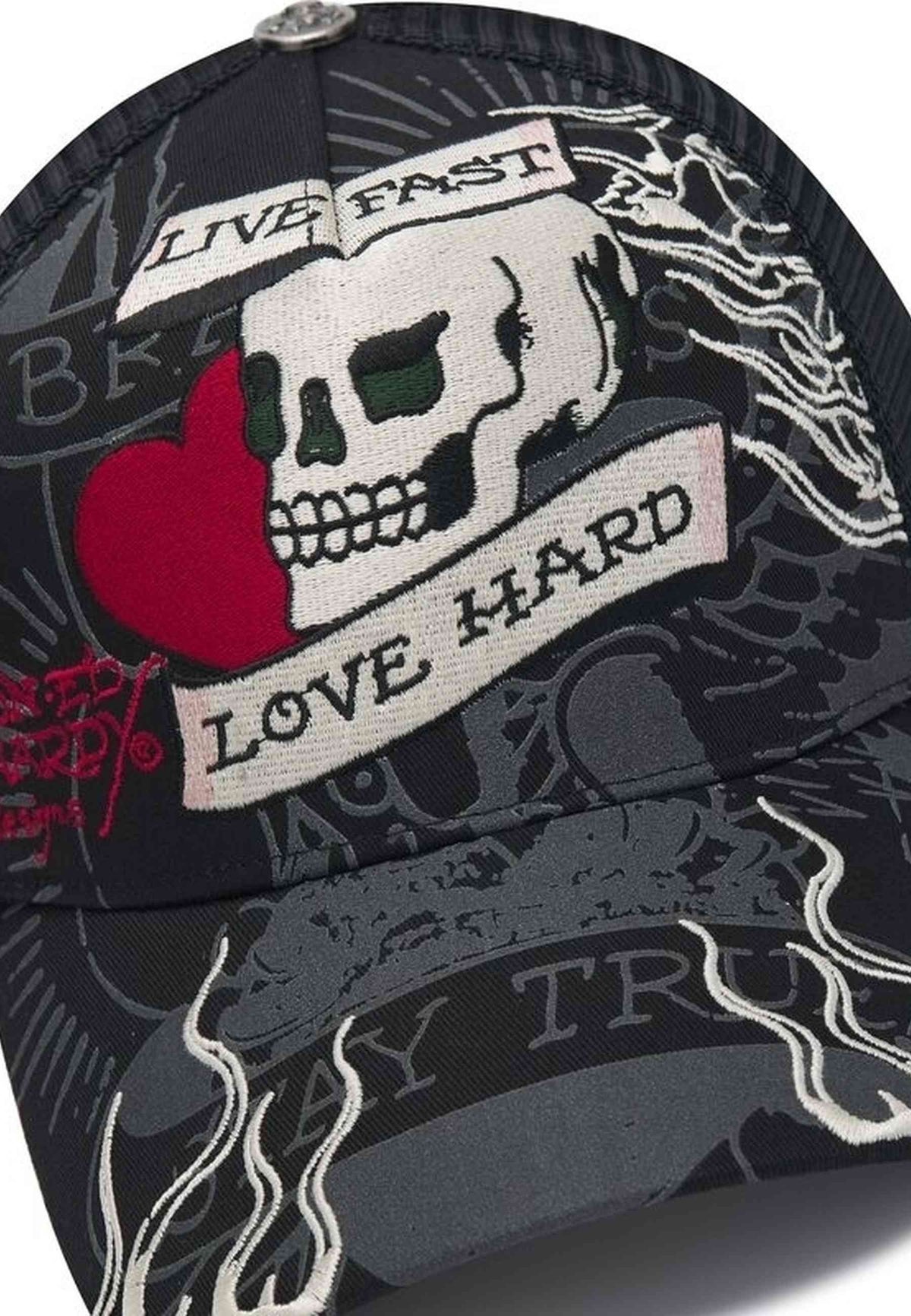 GORRA ED HARDY NEGRA LIVE FAST LOVE HARD 5 PANEL TRUCKER CAP