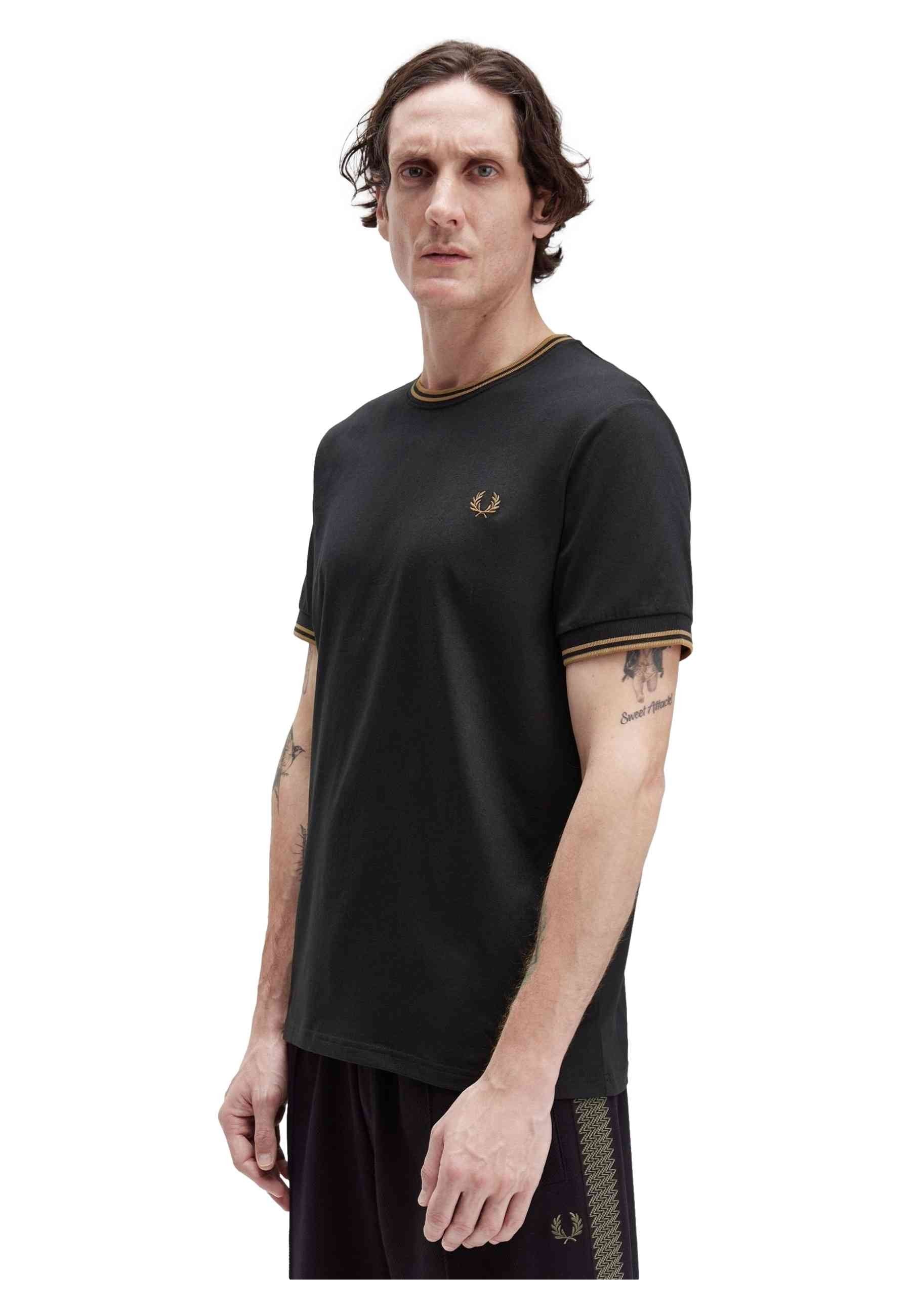 CAMISETA FRED PERRY NEGRA/MARRON CONTRAST RIBETED TEE