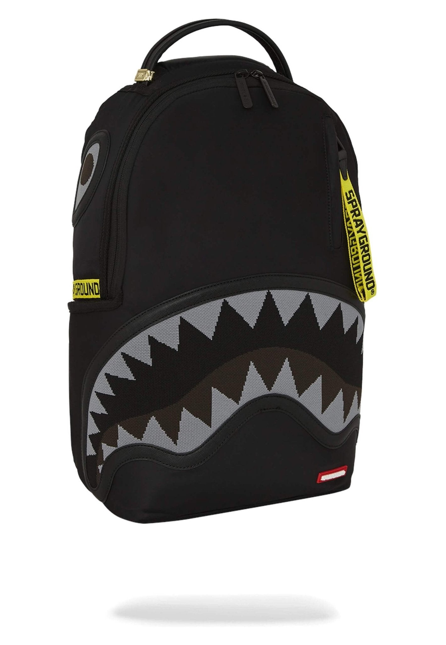 MOCHILA SPRAYGROUND NEGRA SHARK CENTRAL YELLOW TAPE DLX SATIN BACKPACK - AREA ZERO
