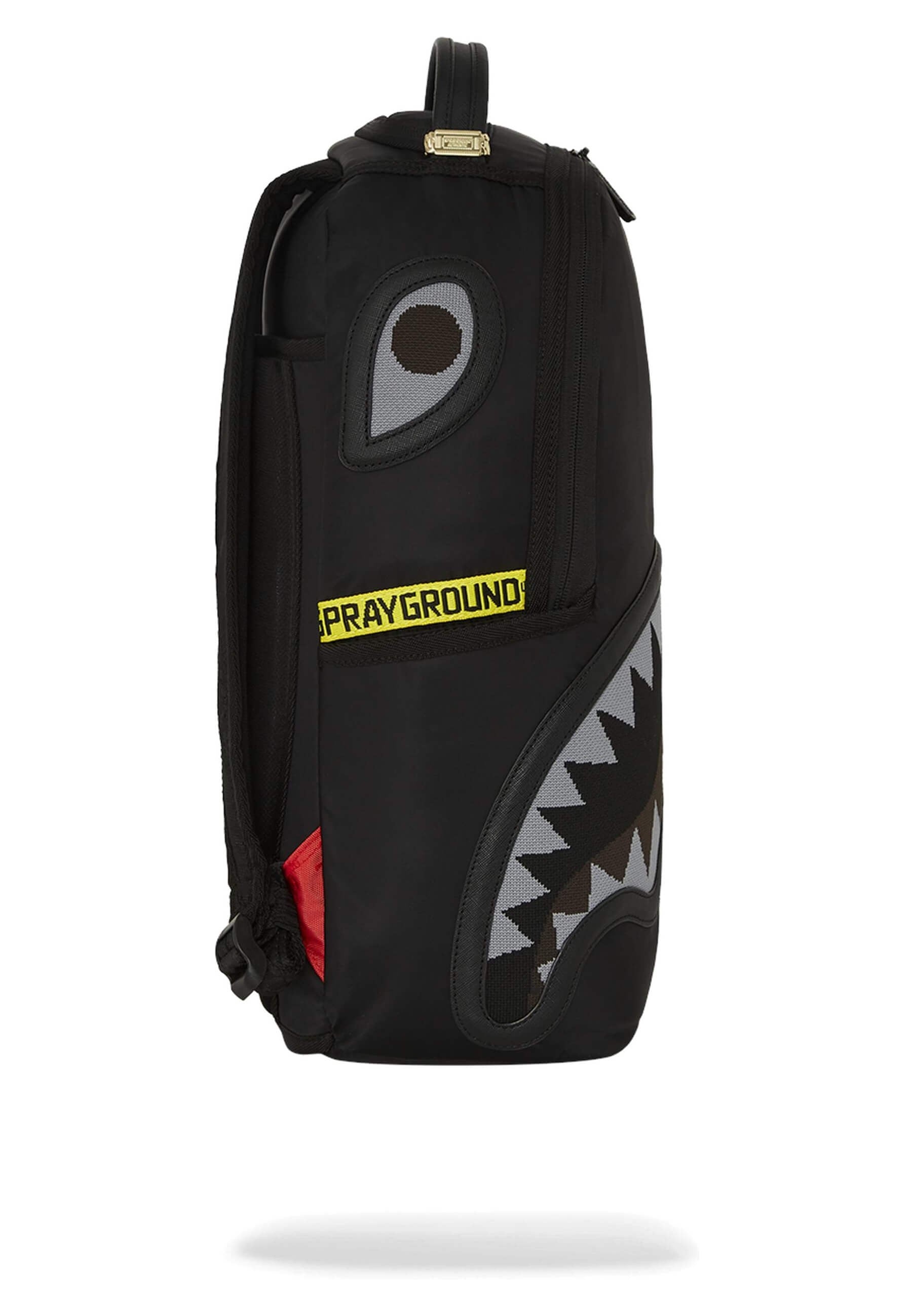 MOCHILA SPRAYGROUND NEGRA SHARK CENTRAL YELLOW TAPE DLX SATIN BACKPACK