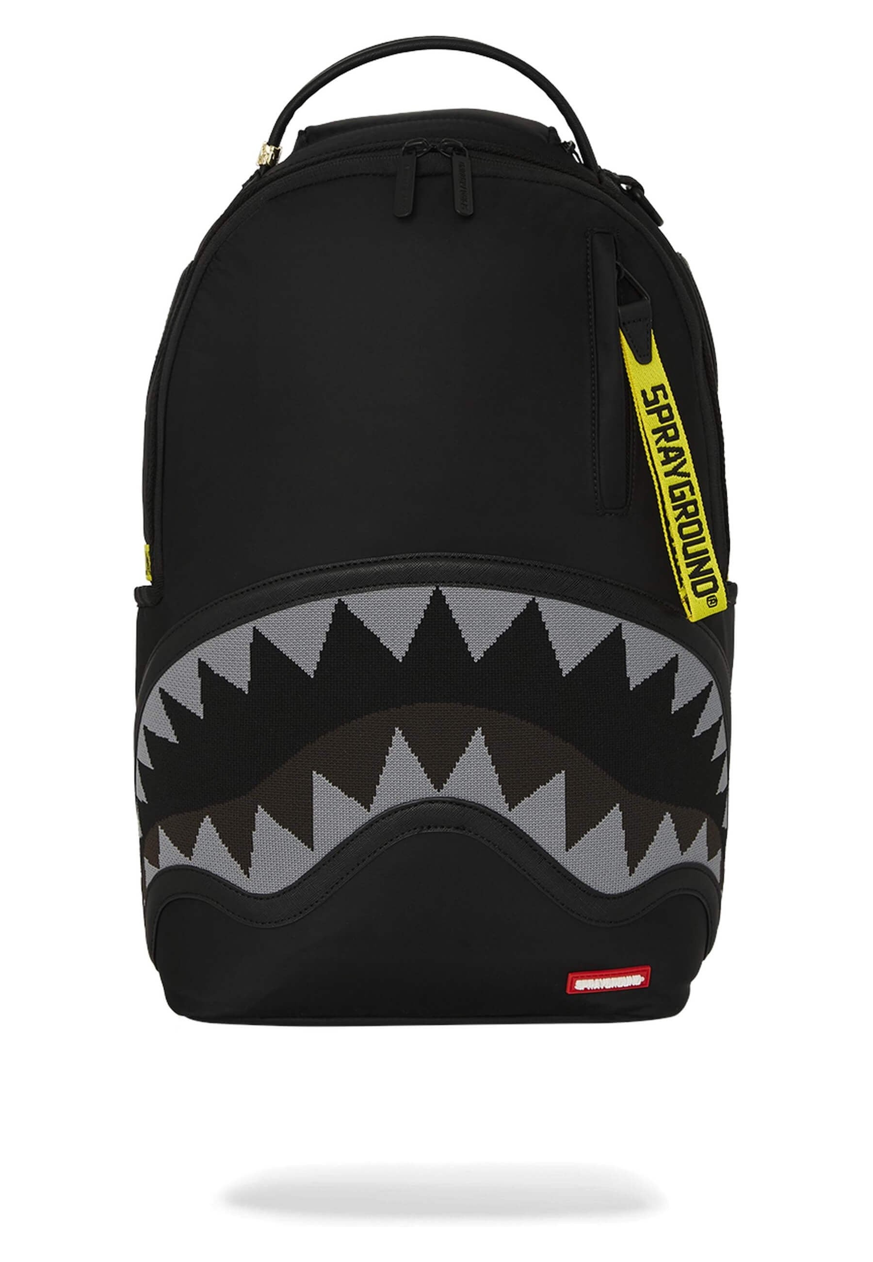 MOCHILA SPRAYGROUND NEGRA SHARK CENTRAL YELLOW TAPE DLX SATIN BACKPACK