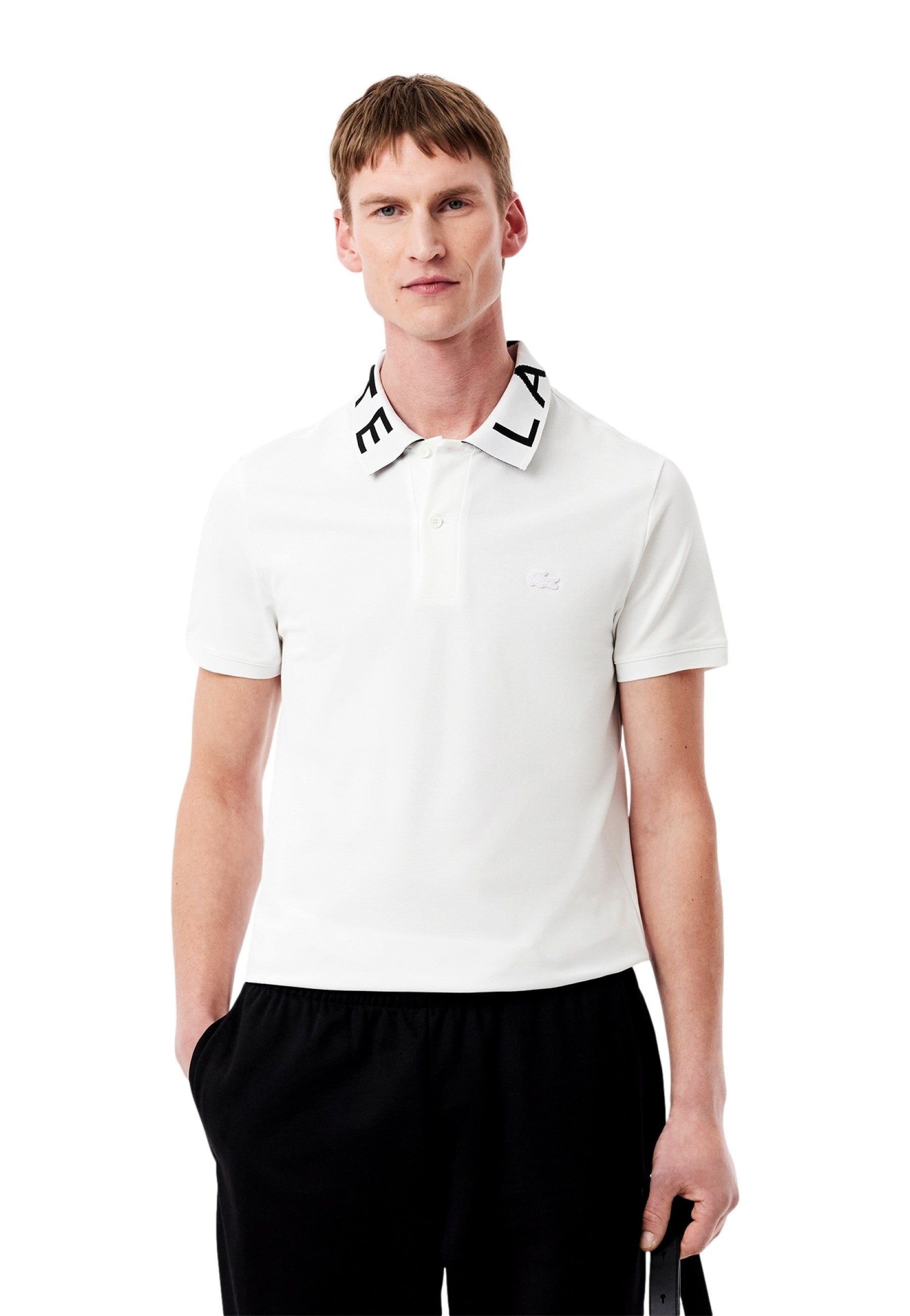 POLO LACOSTE BLANCO JACQUARD COLLARD LOGO SHIRT