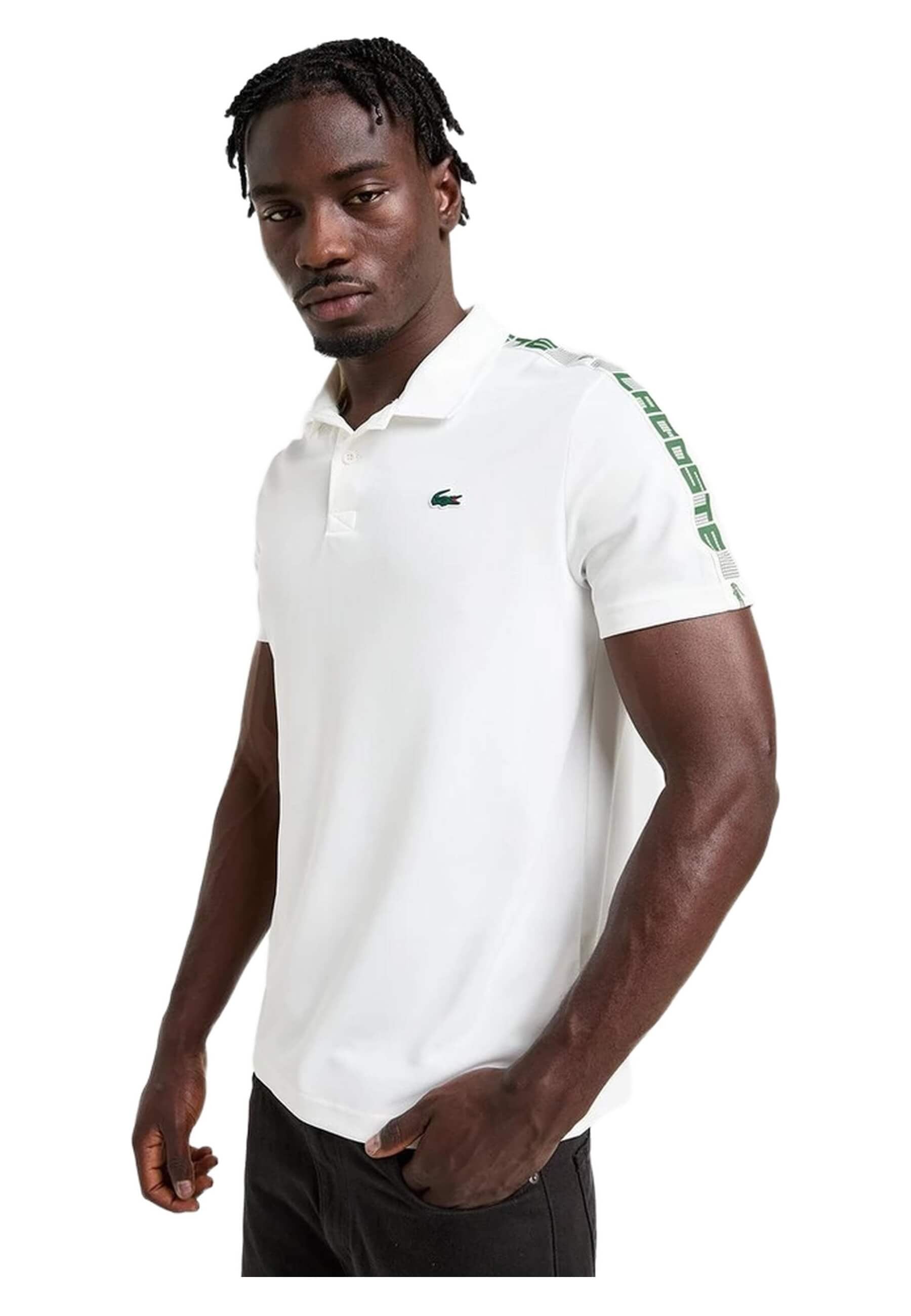 POLO LACOSTE BLANCO ULTRA DRY BRANDED STRIPE TENNIS POLO