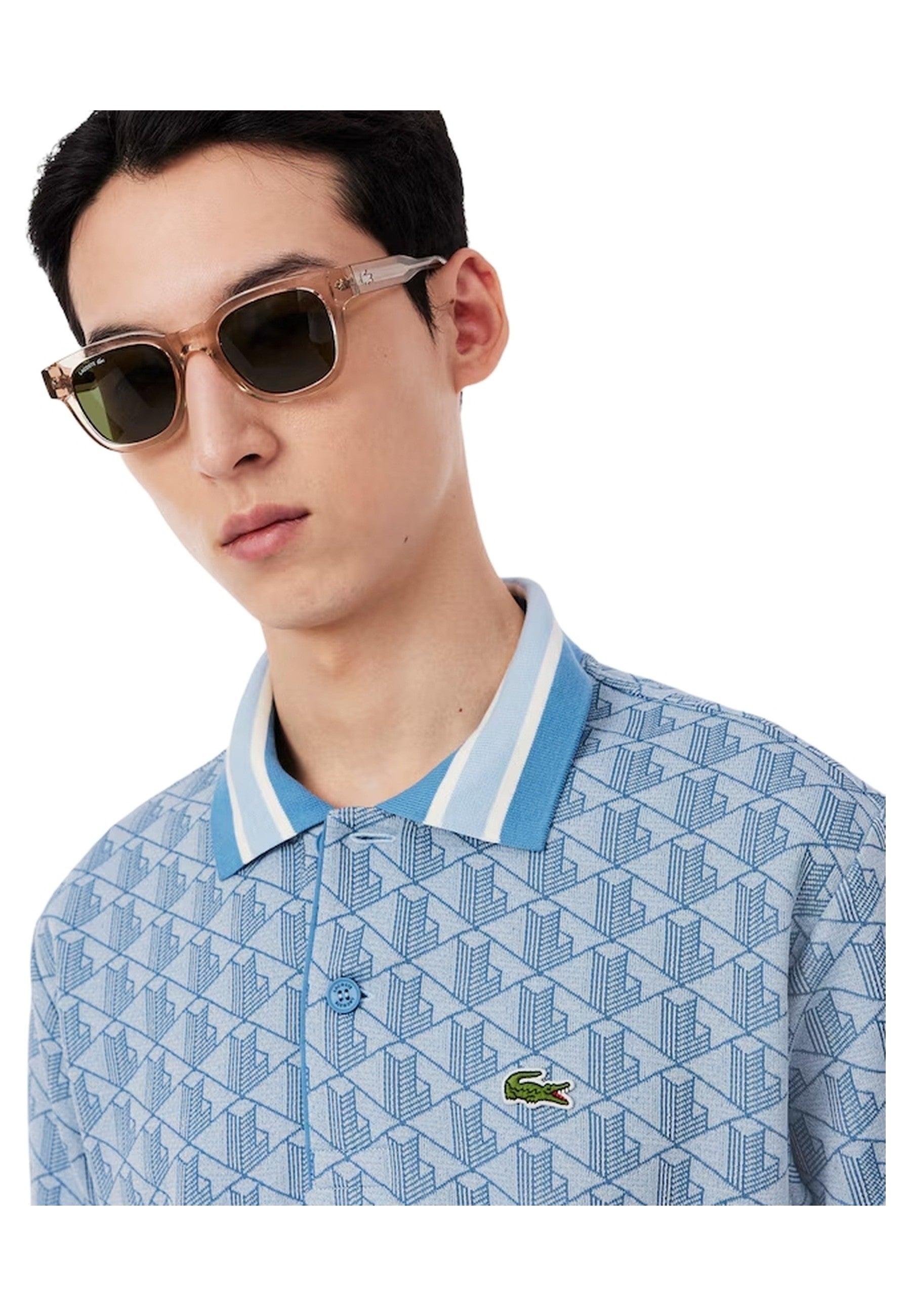 POLO LACOSTE CELESTE JAQUARD MONOGRAM SHIRT