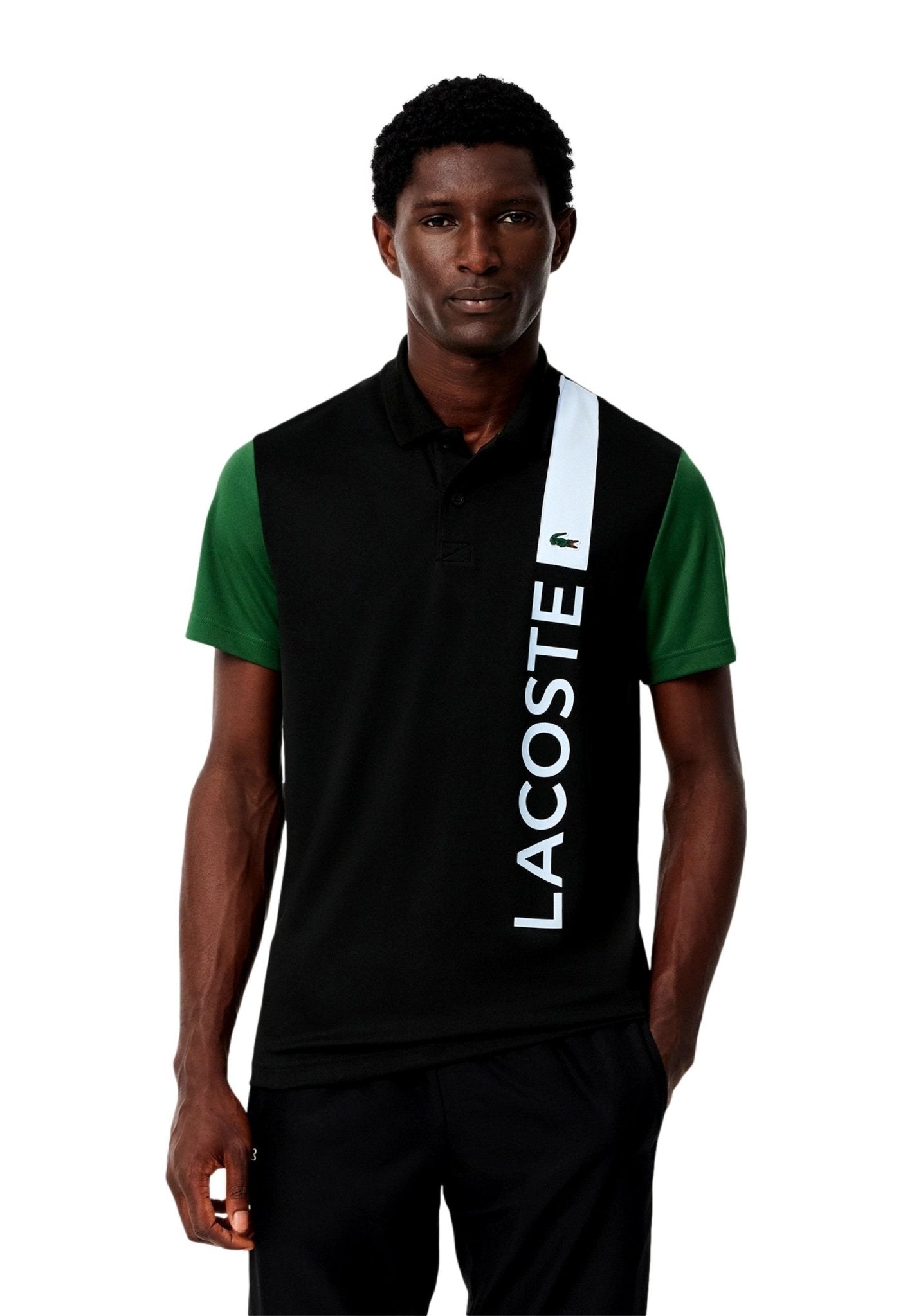 POLO LACOSTE NEGRO PRINT BRANDING ULTRA DRY TENNIS POLO SHIRT - AREA ZERO