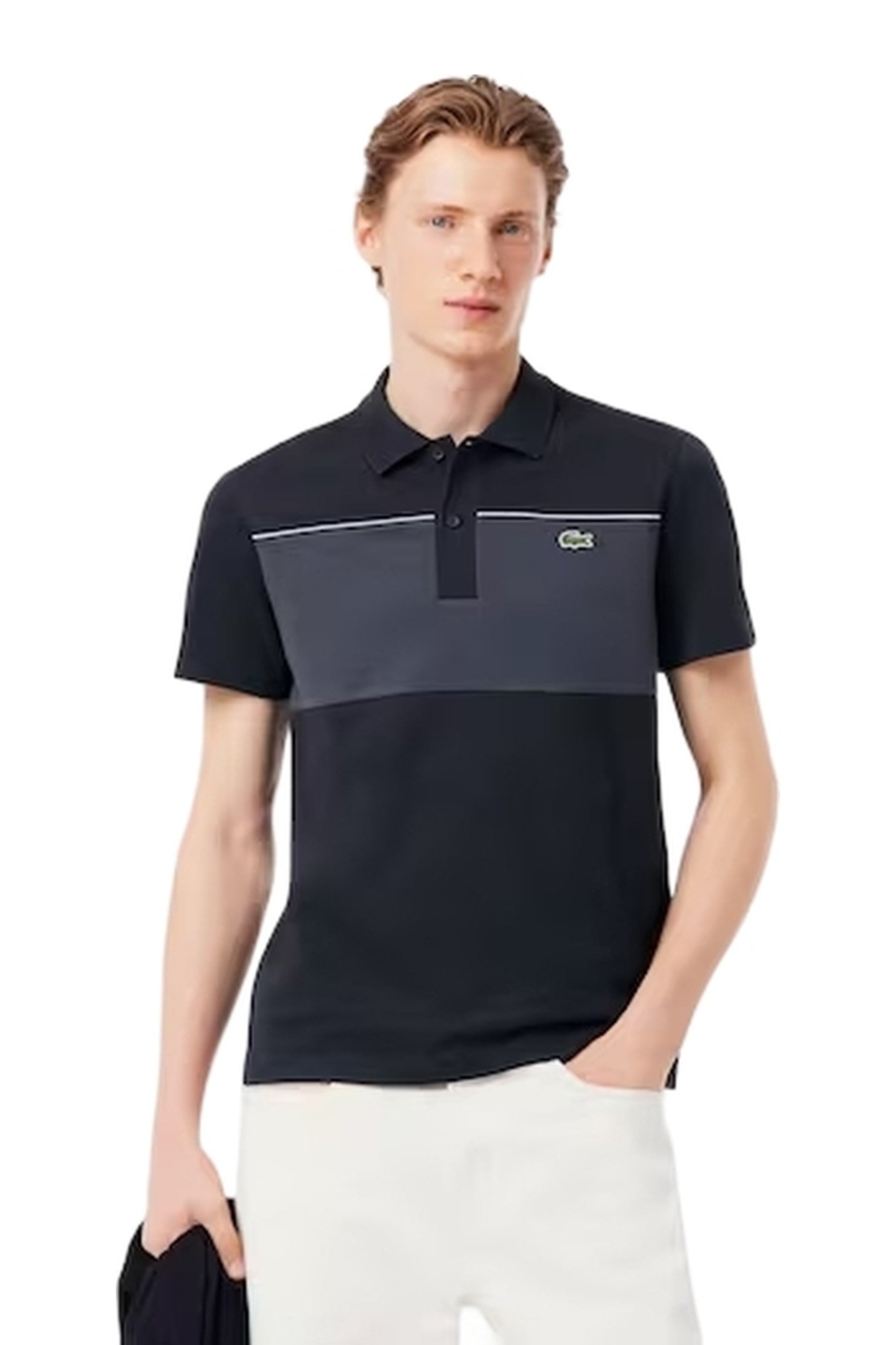 POLO LACOSTE NEGRO REGULAR FIT COLOUR BLOCK SHIRT