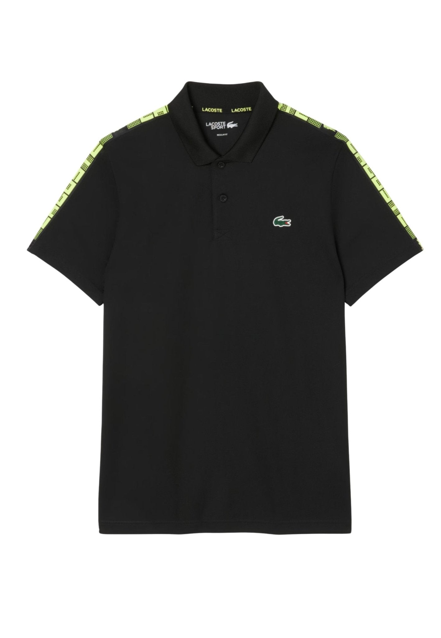 POLO LACOSTE NEGRO ULTRA DRY BRANDED STRIPE TENNIS POLO - AREA ZERO