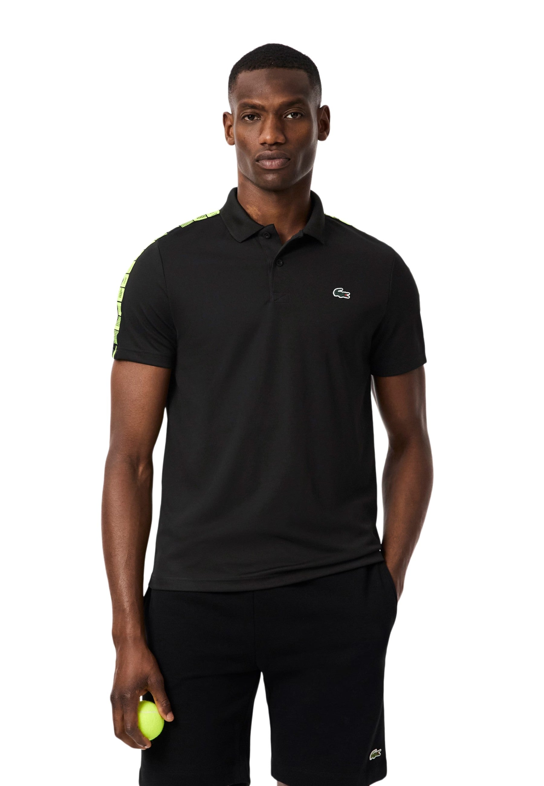 POLO LACOSTE NEGRO ULTRA DRY BRANDED STRIPE TENNIS POLO
