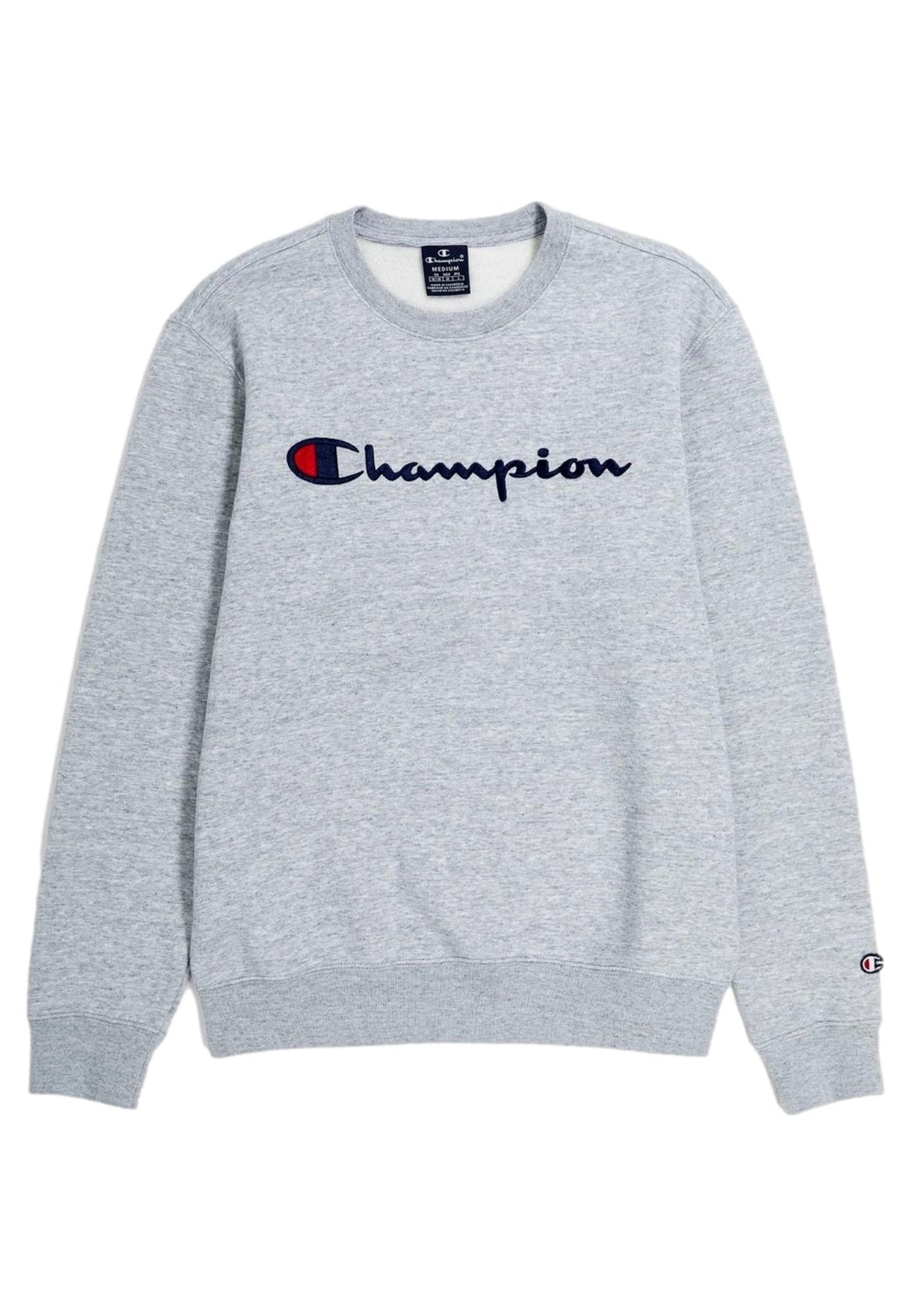 SUDADERA CHAMPION GRIS EMBROIDERED SCRIPT LOGO CREWNECK - AREA ZERO