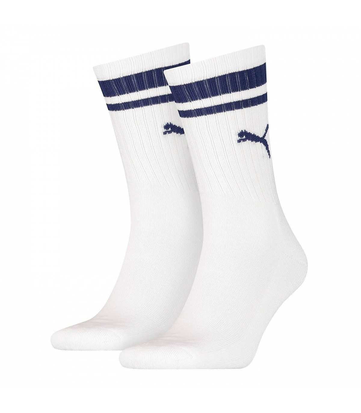 TRIPACK CALCETINES PUMA BLANCOS ALTOS FRANJA MARINO LOGO - AREA ZERO