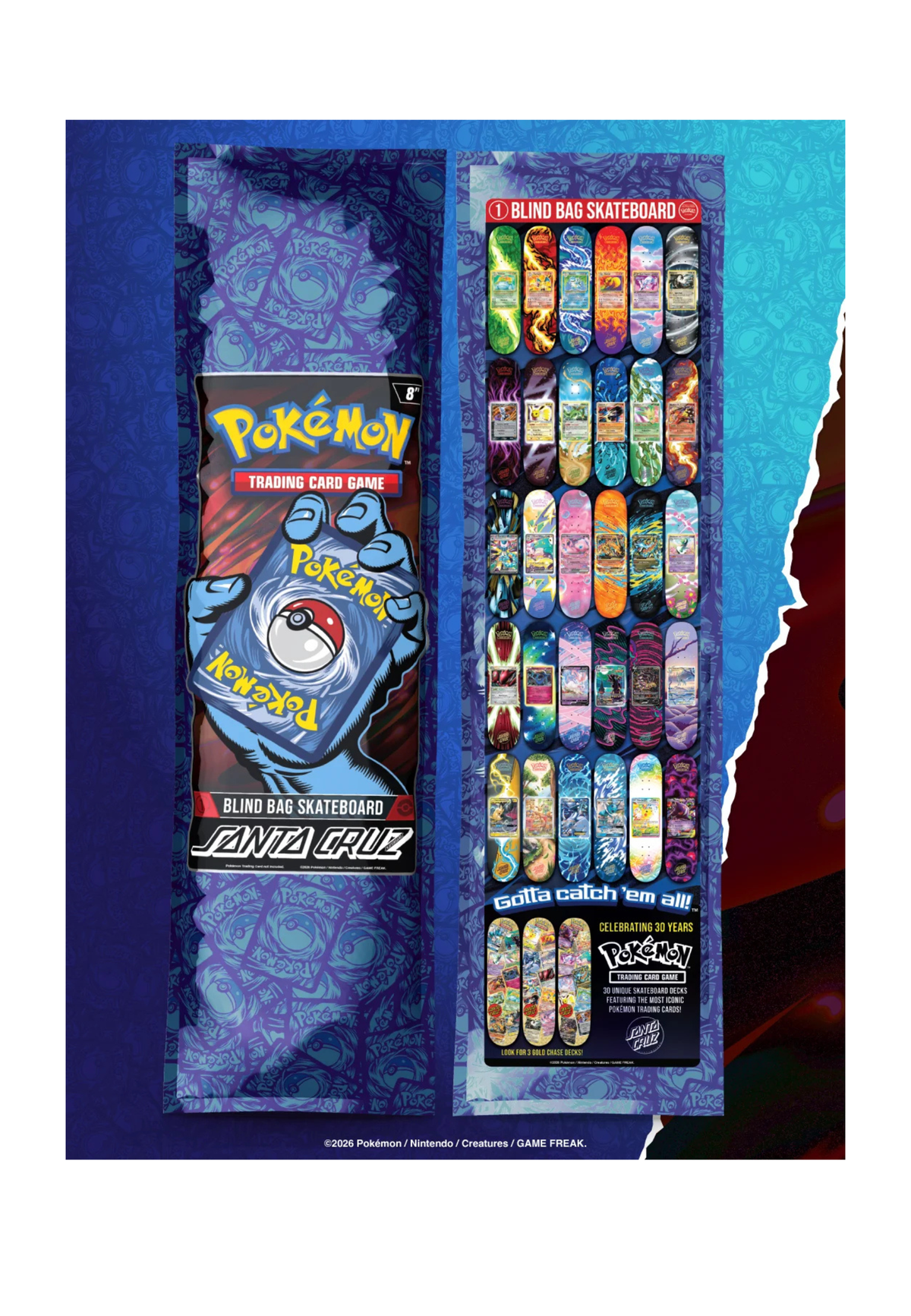 Tabla de skate Santa Cruz x Pokémon TCG blind bag edición 30 aniversario