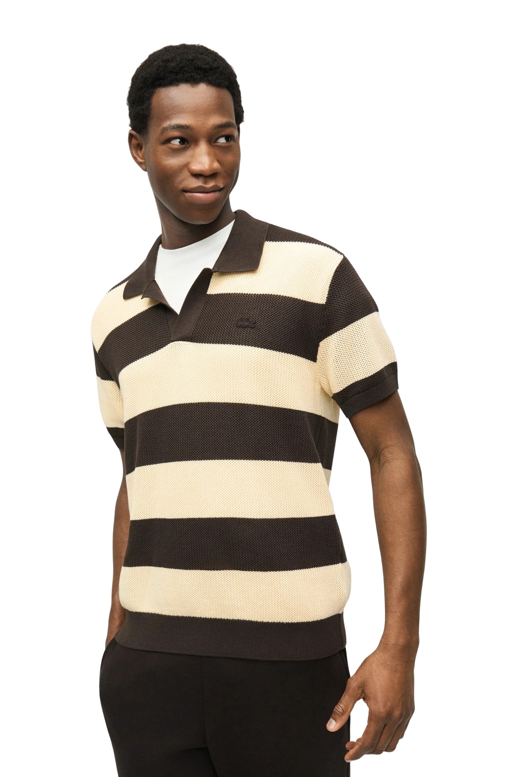 CAMISETA LACOSTE MARRON/BEIGE RAYAS STRIPPED POLO COLLAR SWEATER