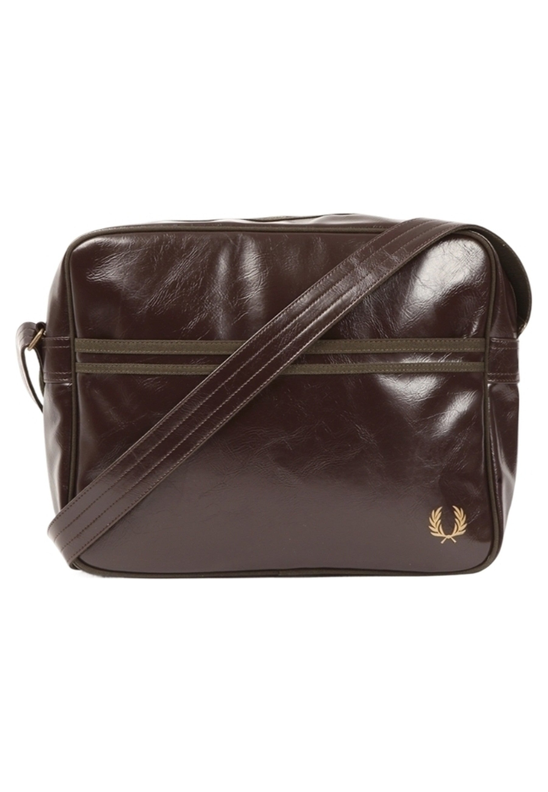 BOLSO FRED PERRY MARRON FRANJAS ASA LARGA LOGO BORDADO