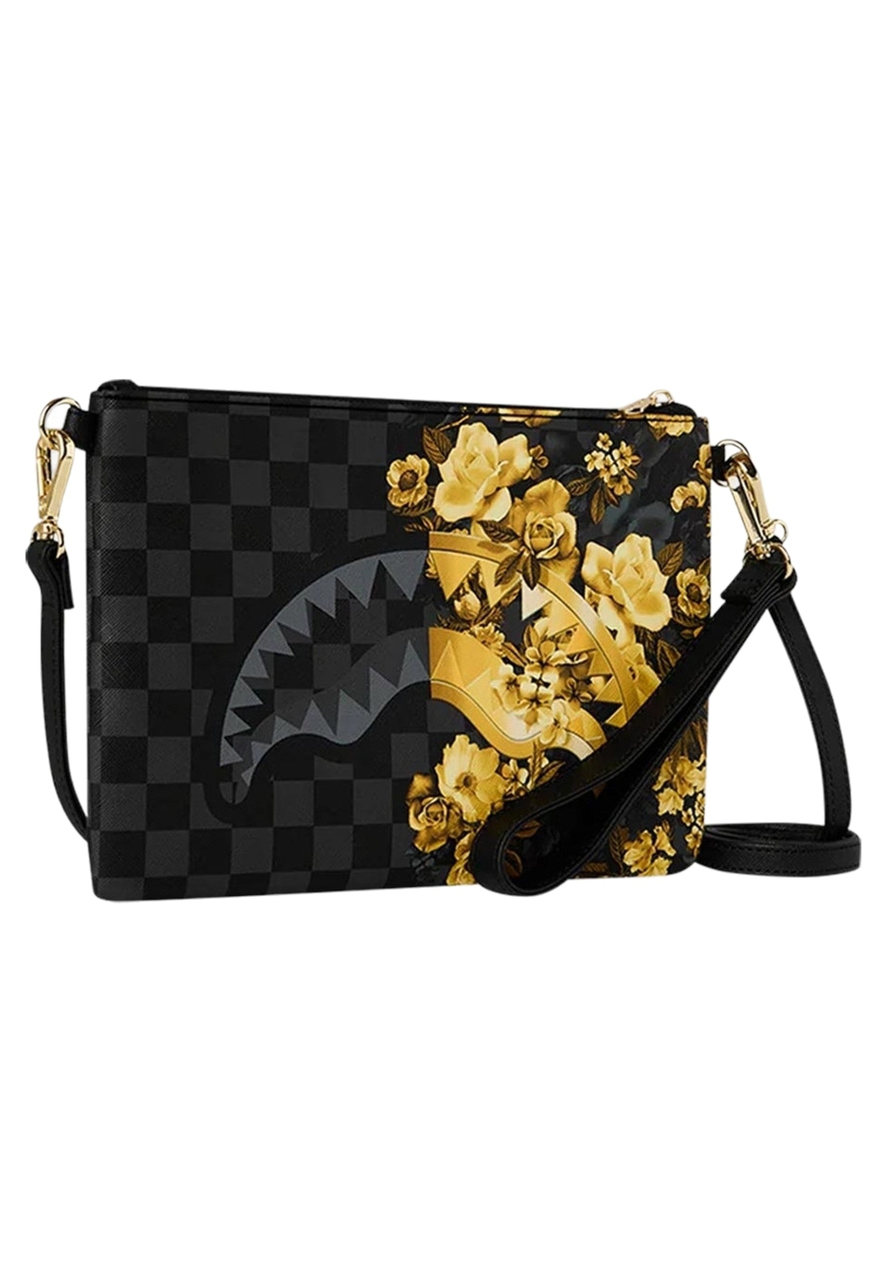 BOLSO SPRAYGROUND NEGRO GOLD FLORAL REMIX CROSSOVER CLUTCH