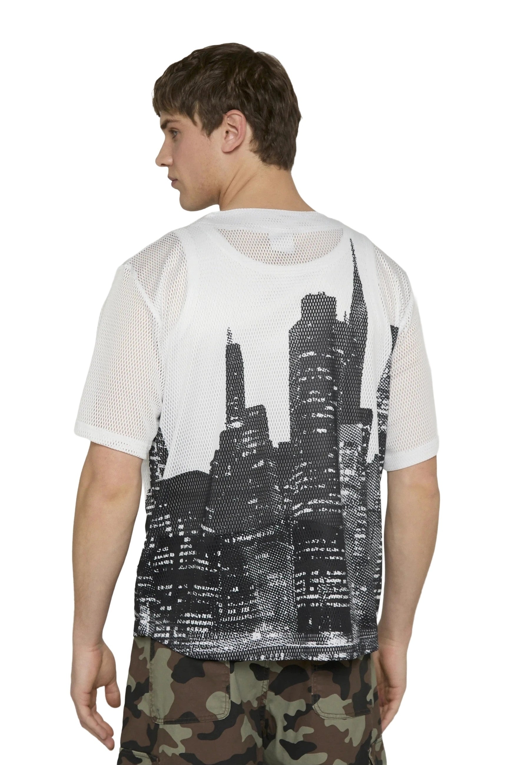 CAMISA KARL KANI BLANCA SIGNATURE MESH BASEBALL SHIRT