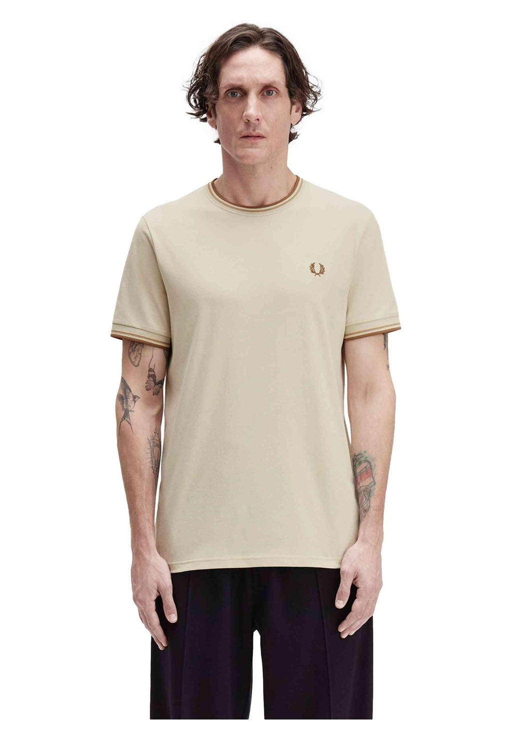 CAMISETA FRED PERRY BEIGE CONTRAST RIBETED TEE