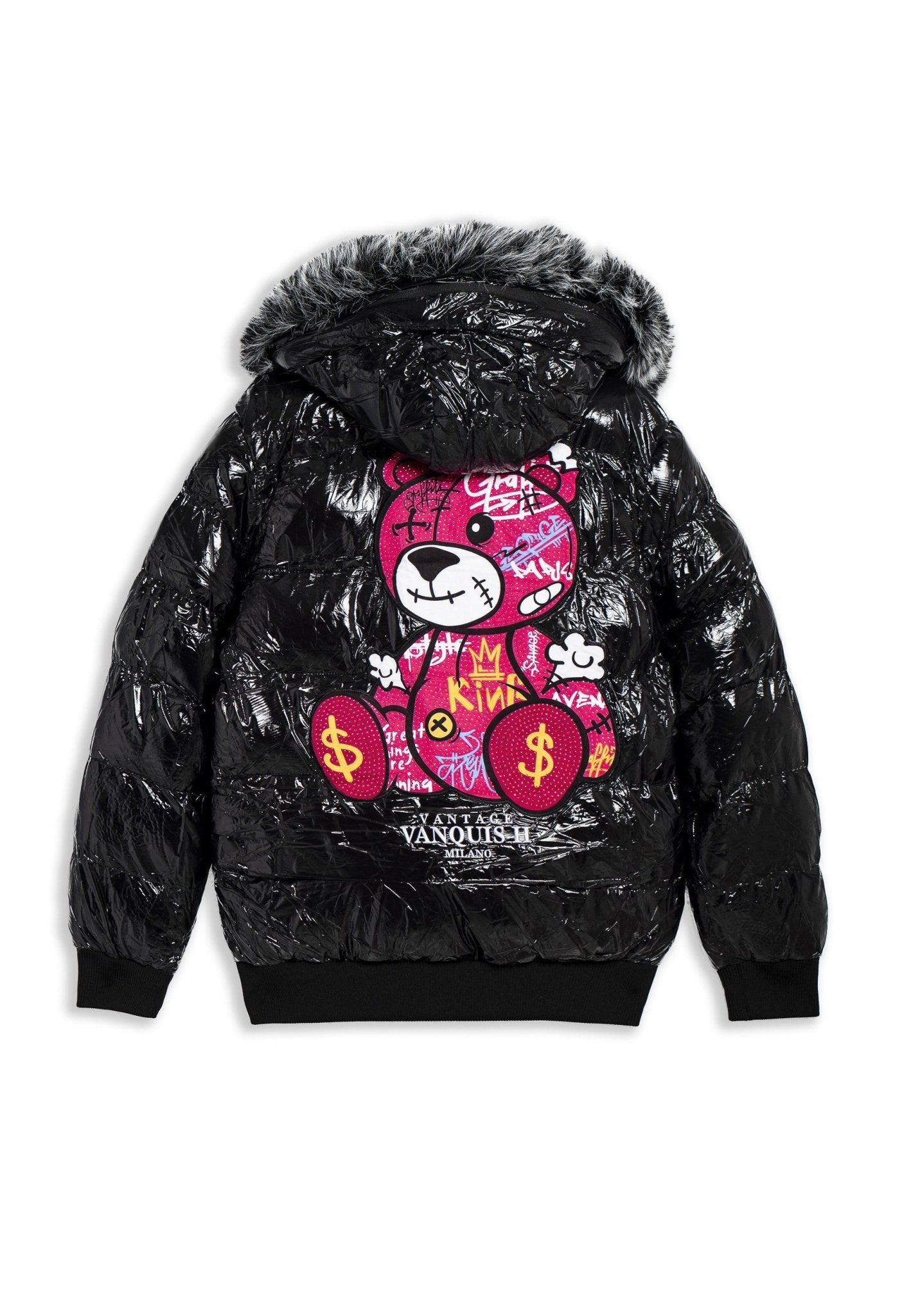 CAZADORA NEGRA/ROSA GRAFITTED BEAR SATIN PUFFY JACKT - AREA ZERO