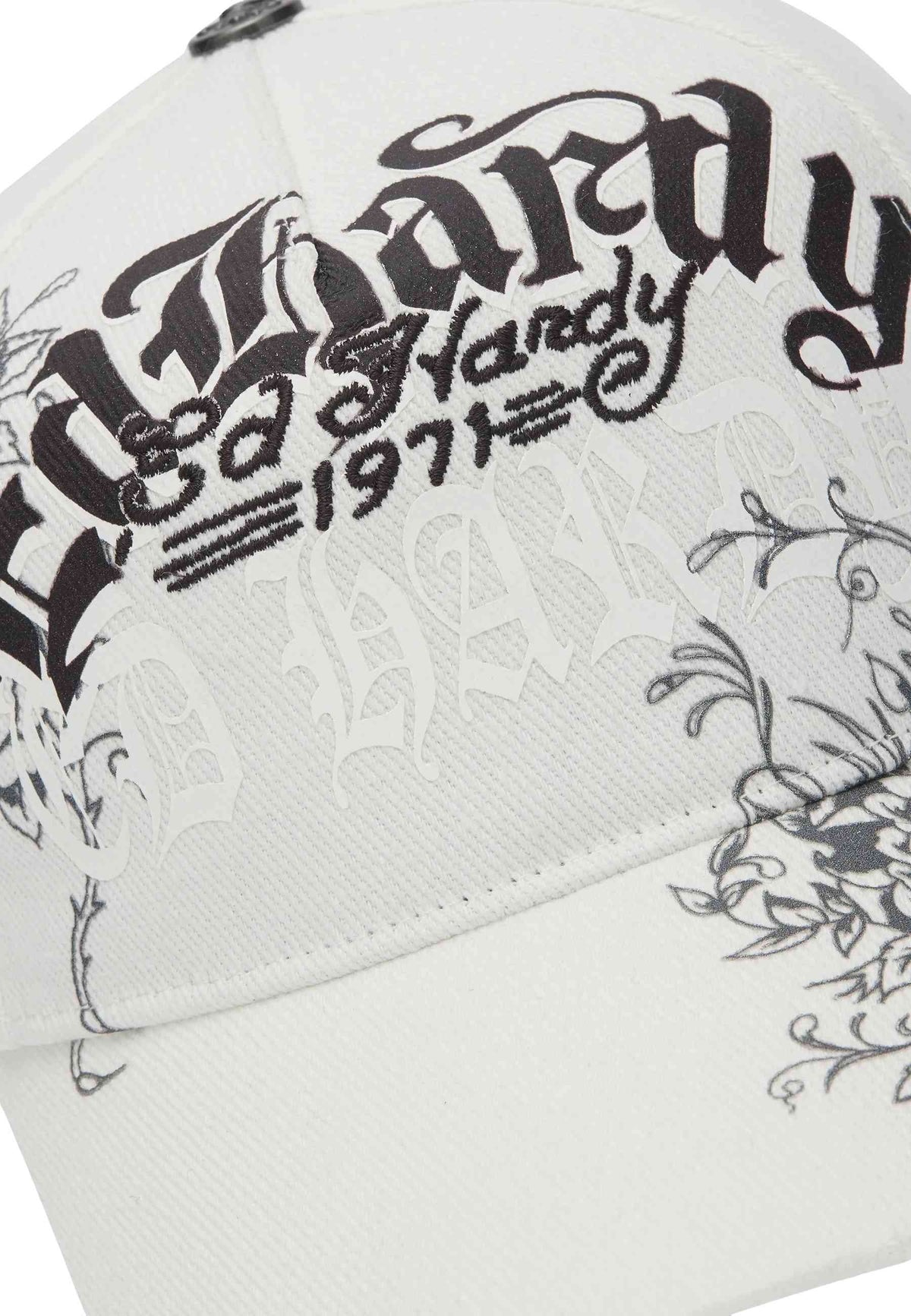GORRA ED HARDY BLANCA DISTRESSED FLORAL GOTIC 6 PANEL TRUCKER CAP