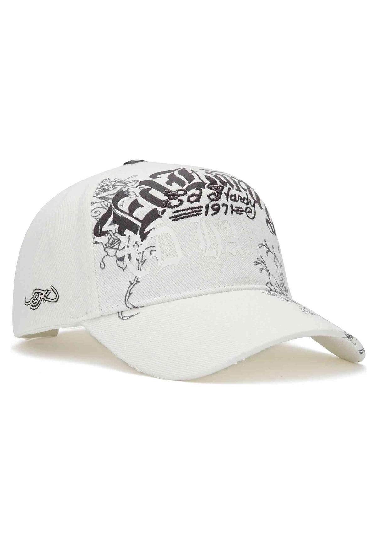 GORRA ED HARDY BLANCA DISTRESSED FLORAL GOTIC 6 PANEL TRUCKER CAP