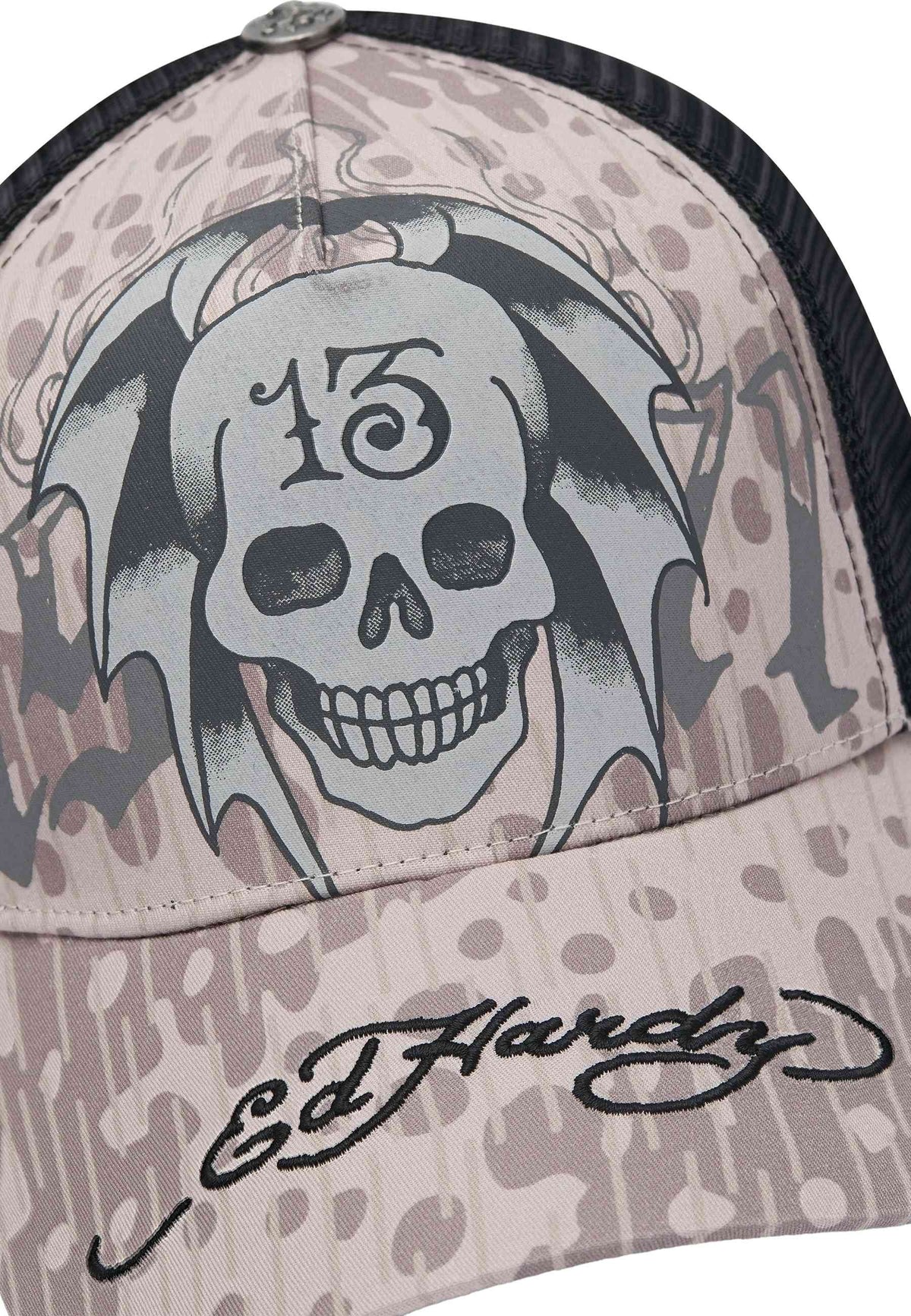 GORRA ED HARDY GRIS 13 SKULLS 5 PANEL TRUCKER CAP