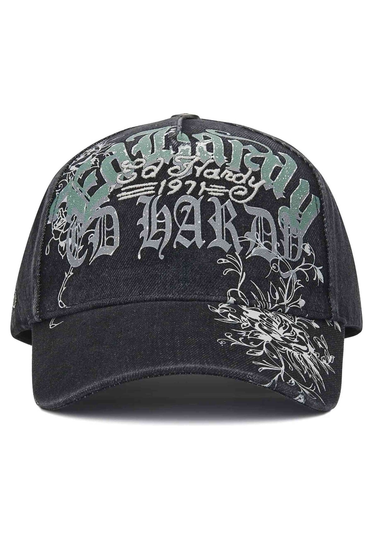 GORRA ED HARDY NEGRA DISTRESSED FLORAL GOTHIC 6 PANEL TRUCKER CAP