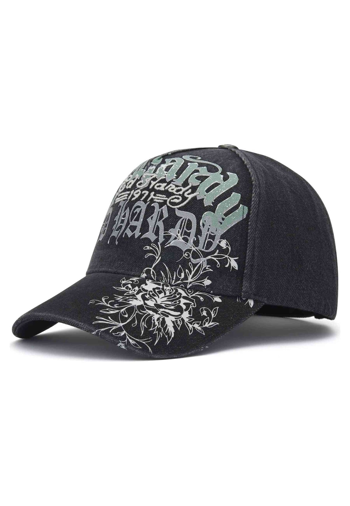 GORRA ED HARDY NEGRA DISTRESSED FLORAL GOTHIC 6 PANEL TRUCKER CAP