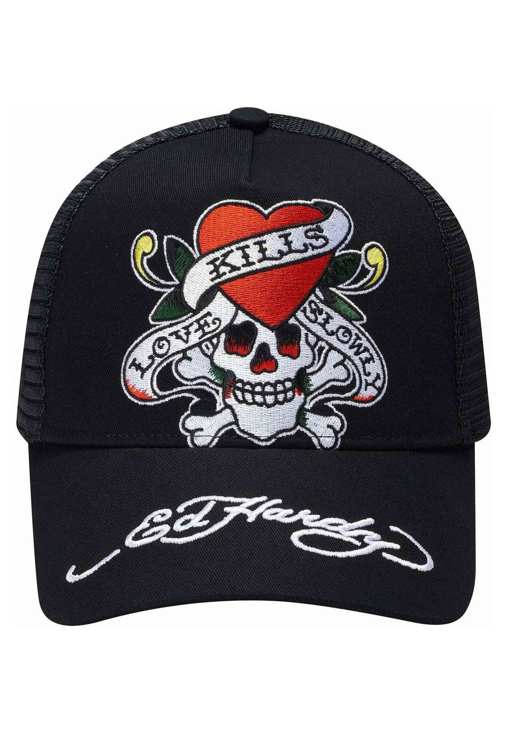 GORRA ED HARDY NEGRA LOVE SLOWLY TWILL FRONT MESH TRUCKER CAP