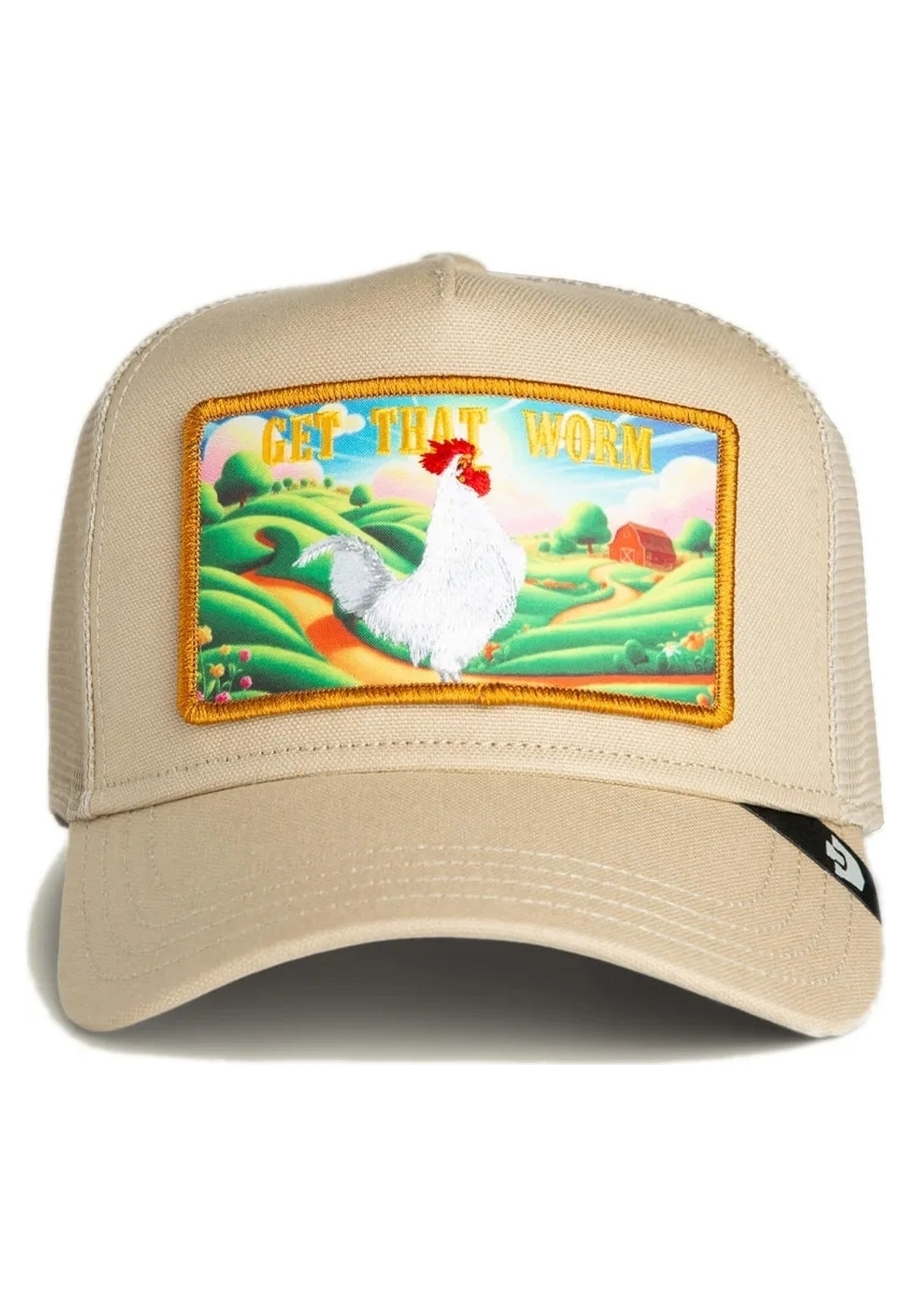 GORRA GOORIN BROS BEIGE GALLINA GREENER GRASS GET THAT WORM TRUCKER CAP